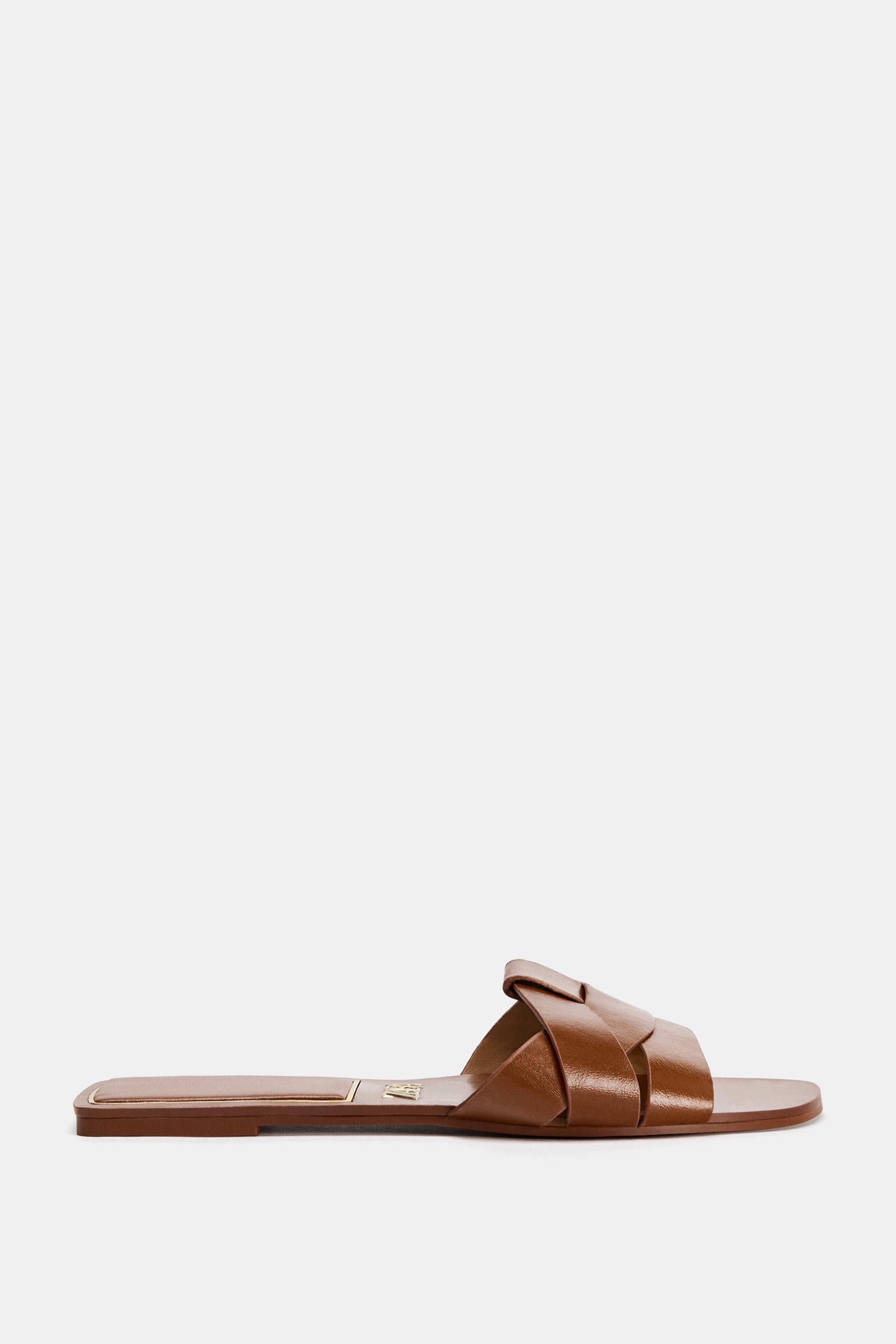 Crossover Flat Leather Sandals - Brown - 2