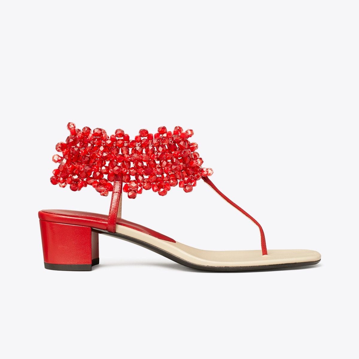 Beaded Heeled Sandal in Red, Size 10