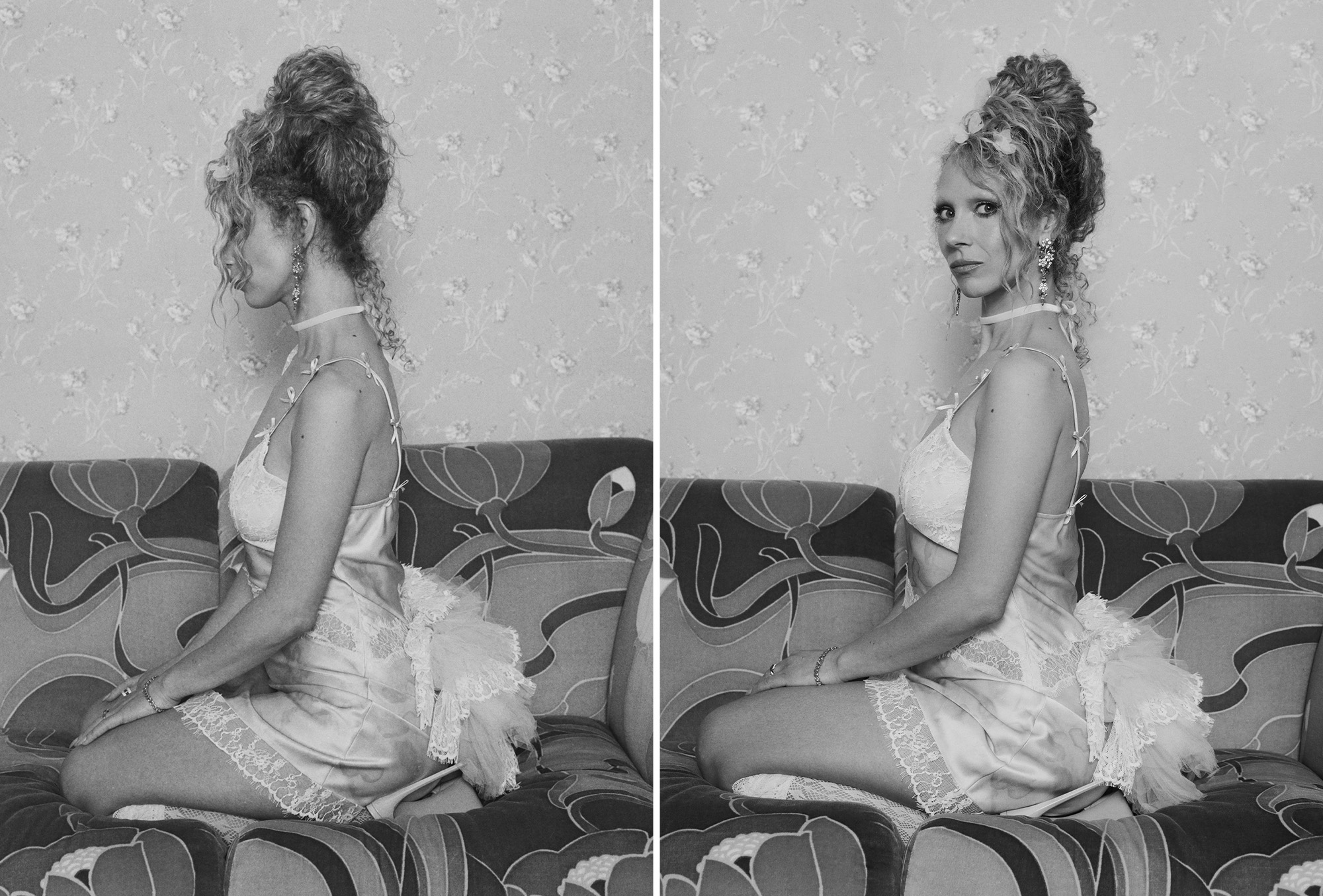 Juno Temple photographed by Tiffany Brodman for Who What Wear. The images are black and white and she is sitting on a printed coach wearing a white mini dress. Her hair is up in a bun.