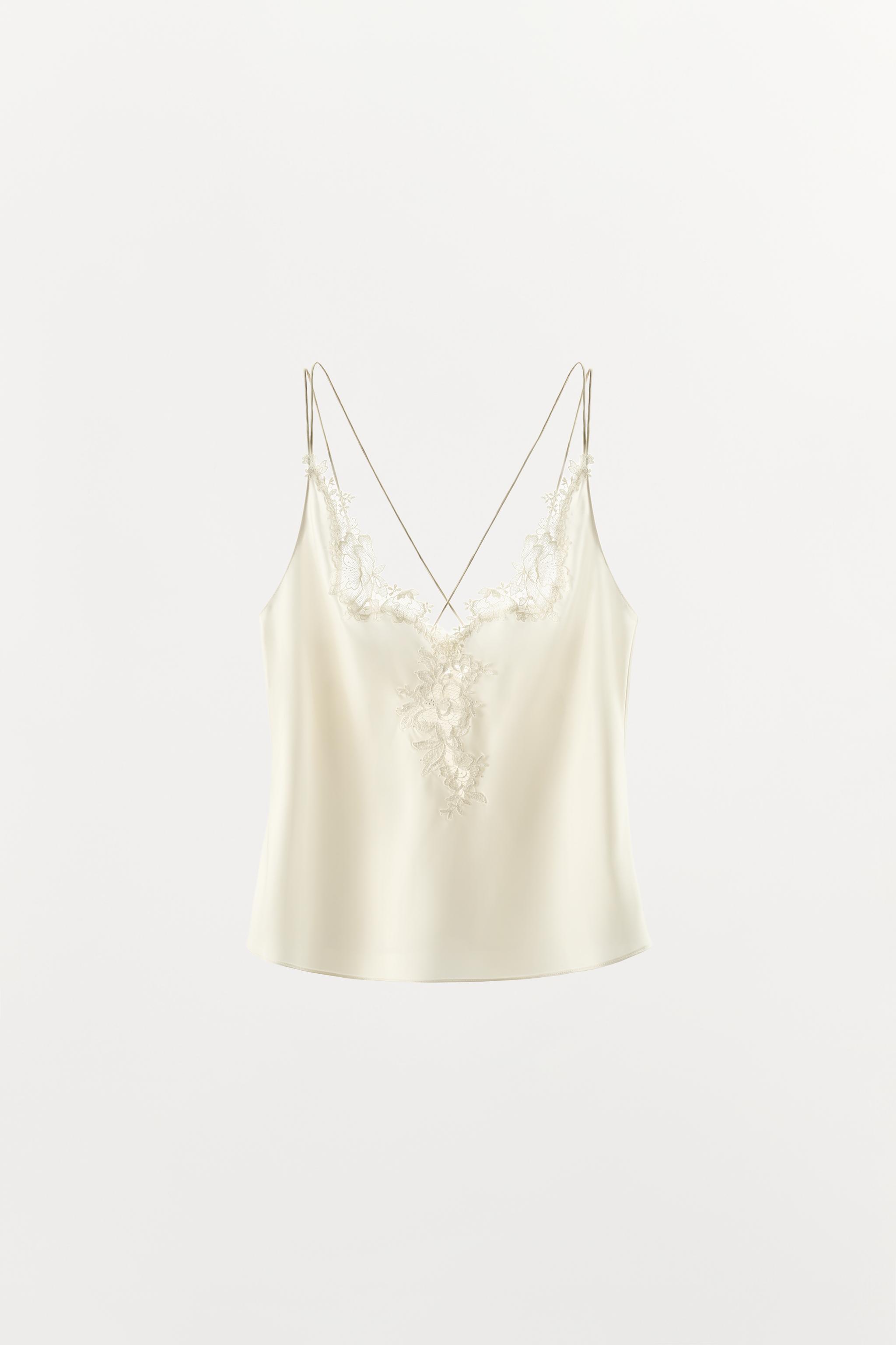 Satin Lace-Trim Cross-Strap Top - Ecru - Xs