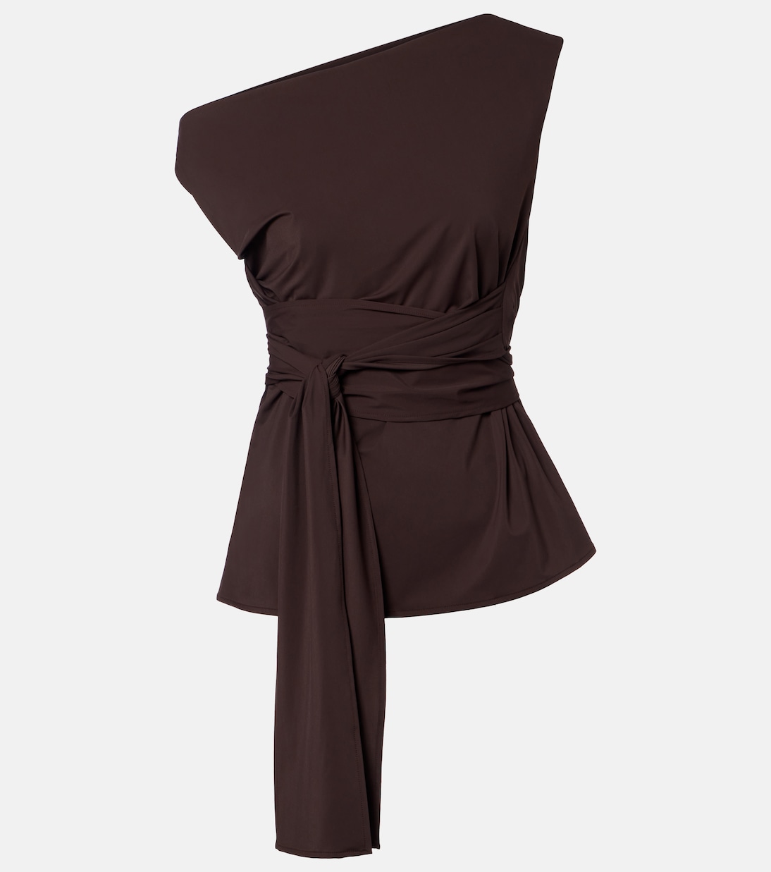 One-Shoulder Jersey Wrap Top in Brown - Rohe