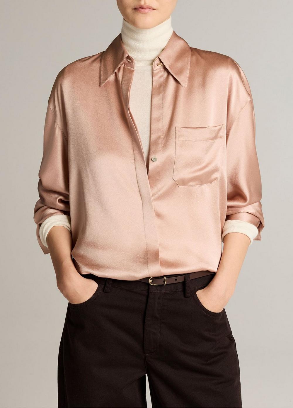 Silk Satin Dolman-Sleeve Button-Front Shirt