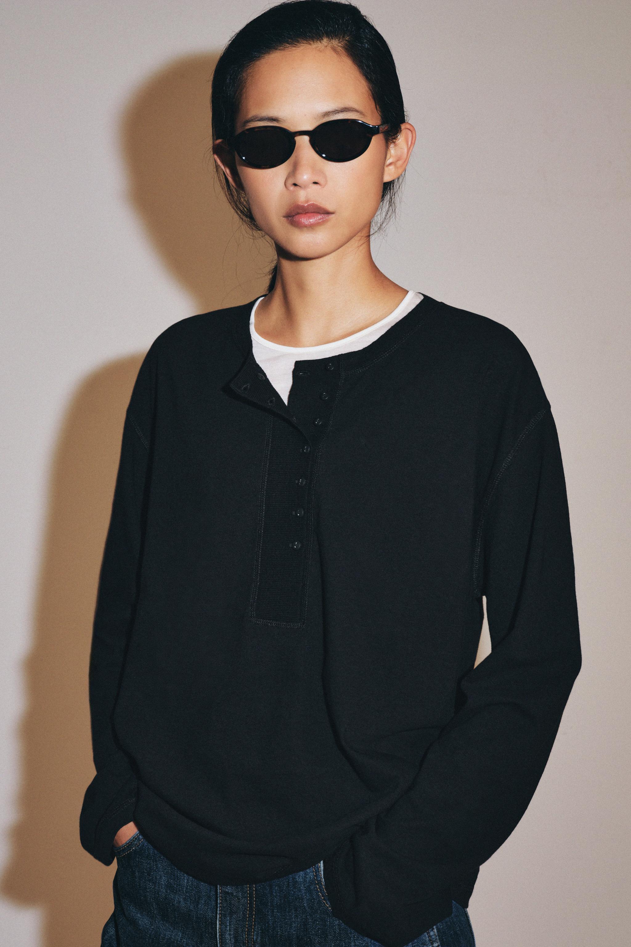 Linen Henley T-Shirt - Black - S