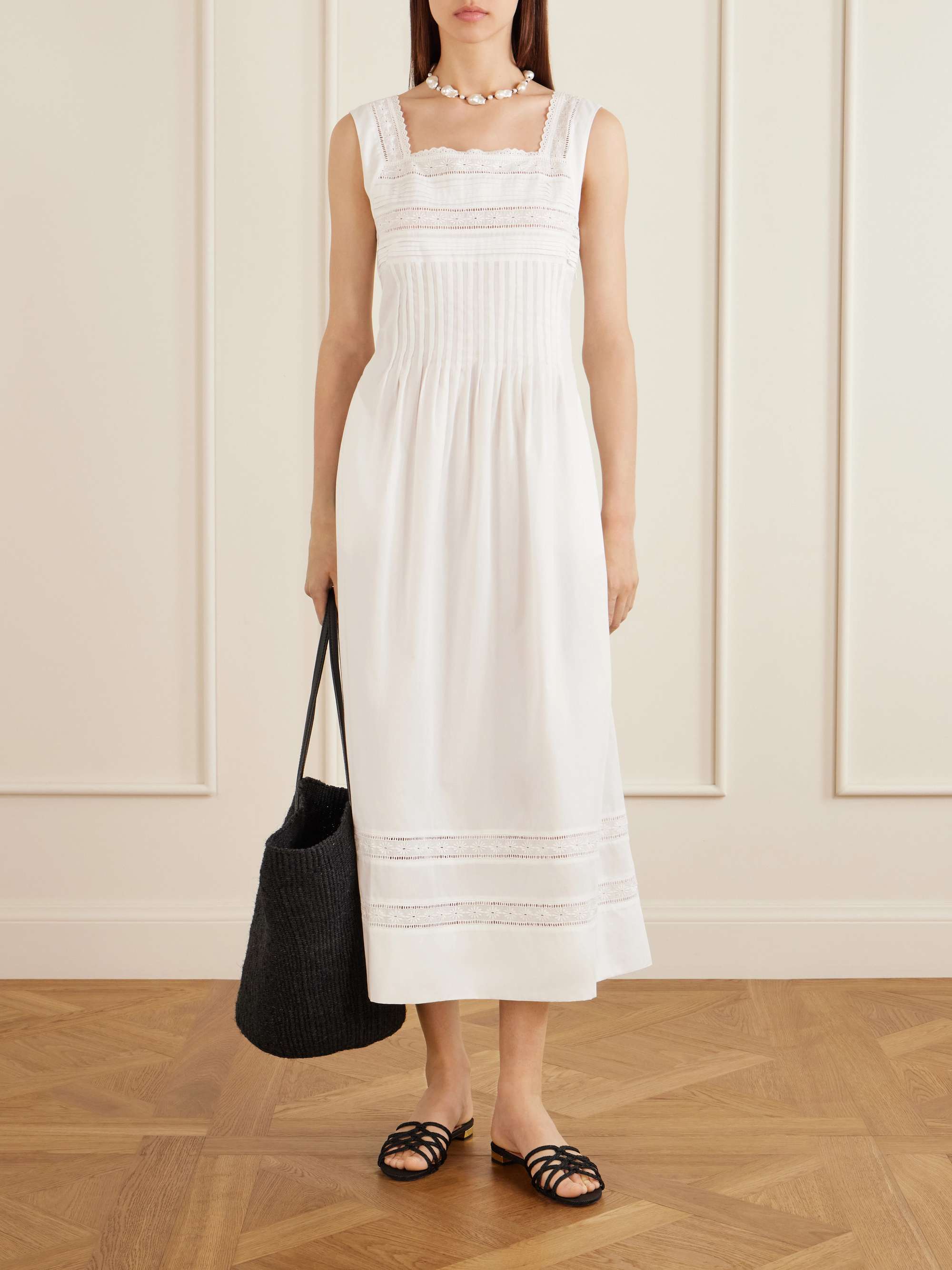 Lalla Ruched Broderie Anglaise-Trimmed Cotton-Poplin Maxi Dress