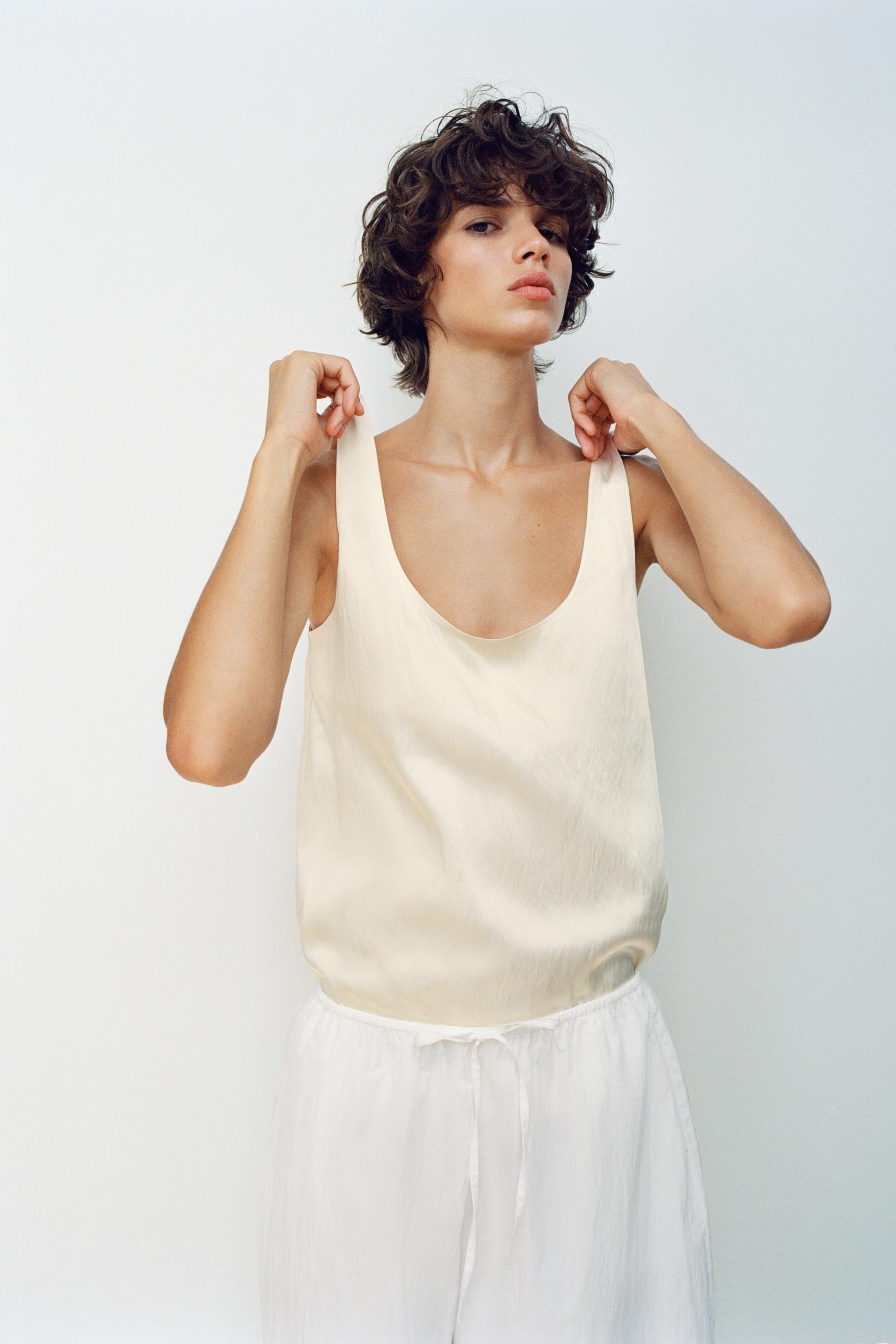 Satin Effect Tank Top - Beige - Xs