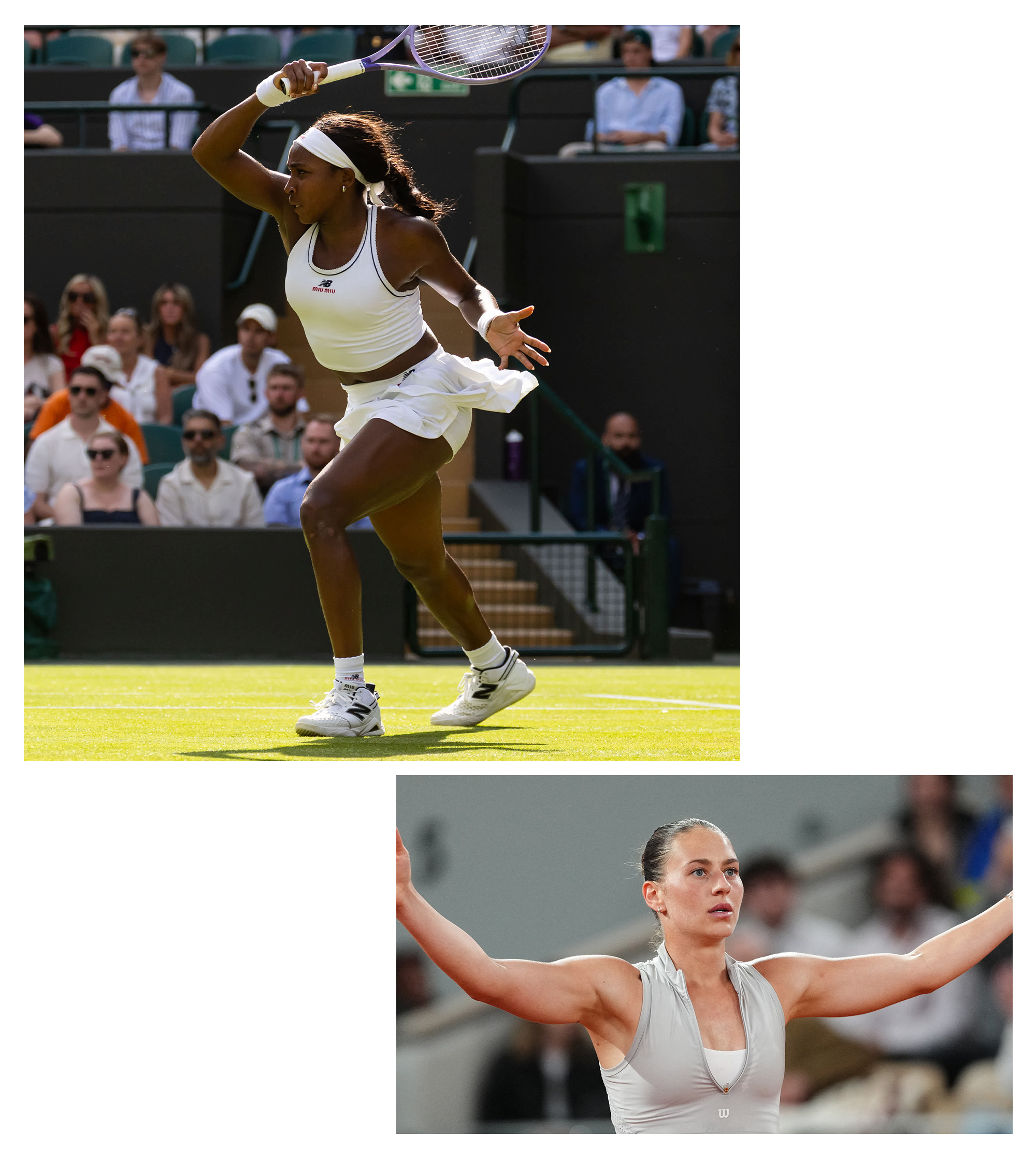 Coco Gauff at Wimbledon wearing a Miu Miu x New Balance set; Marta Kostyuk at the French Open wearing a custom Wilson dress.