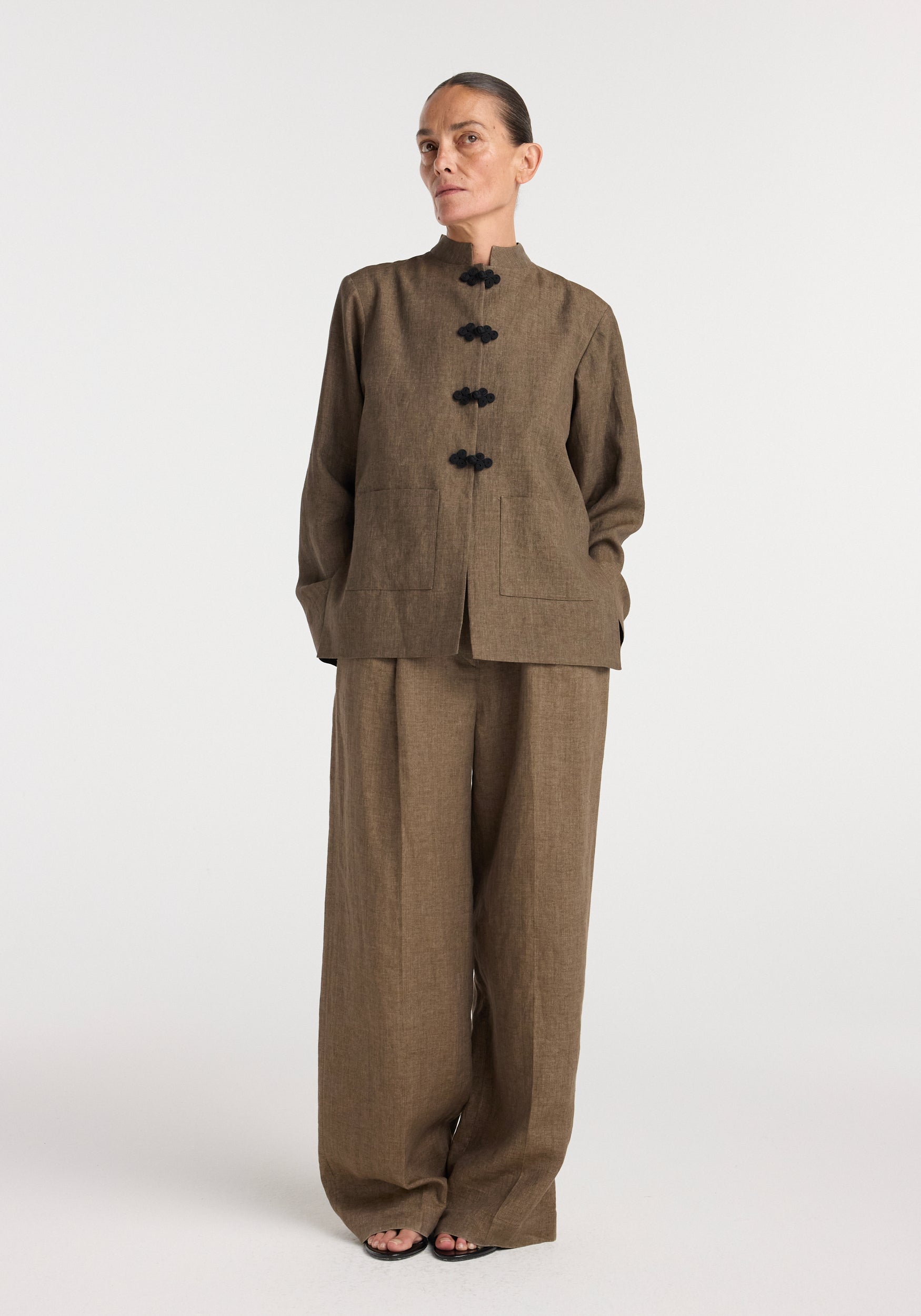 Pankou Closure Linen Jacket | Brown Melange