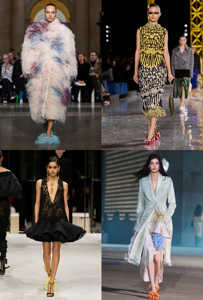 An image of the feathered trend, a key autumn 2026 shoe trend, as seen on the runway at Dior, Chanel, Erdem and Givenchy.