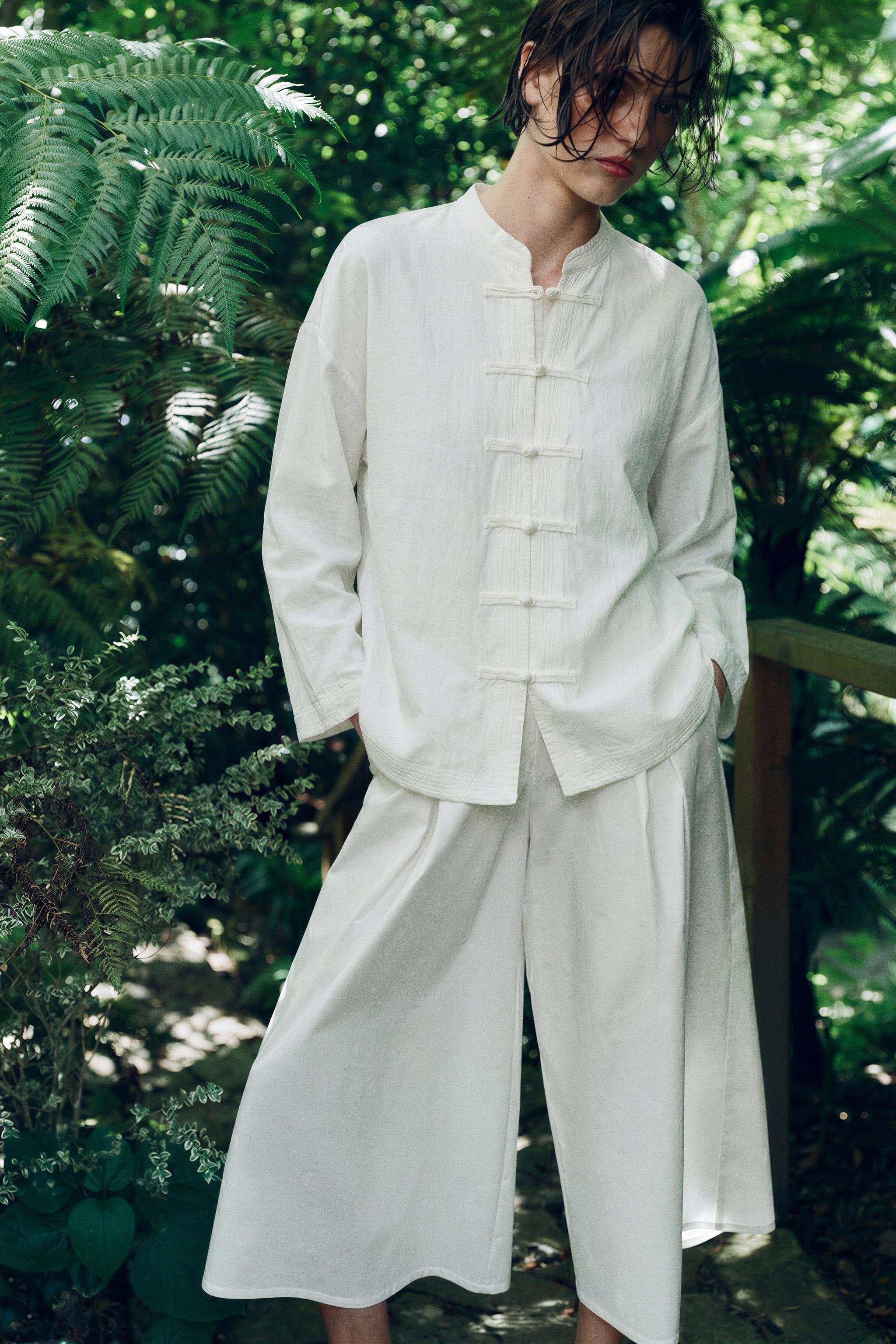 Linen Blend Oversize Shirt With Frog Fastening - White - Xs