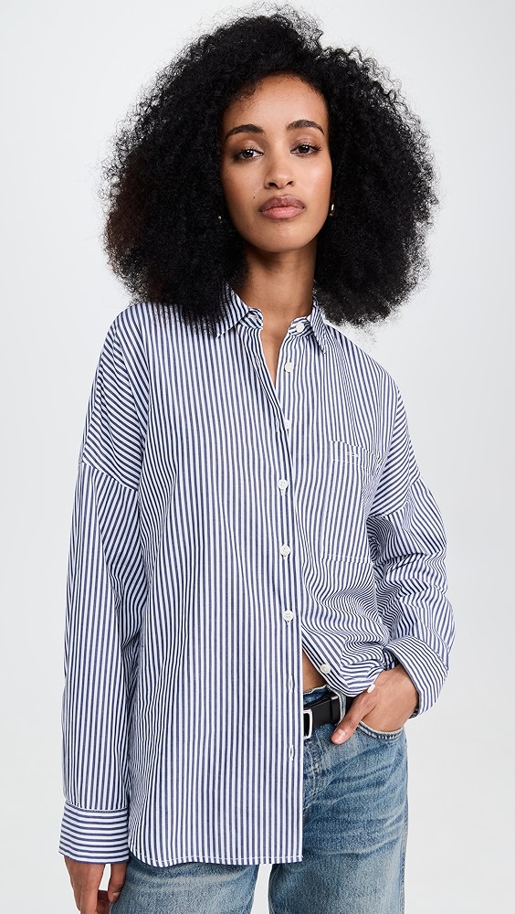 Jo Shirt in Striped Paper Poplin - Navy/white