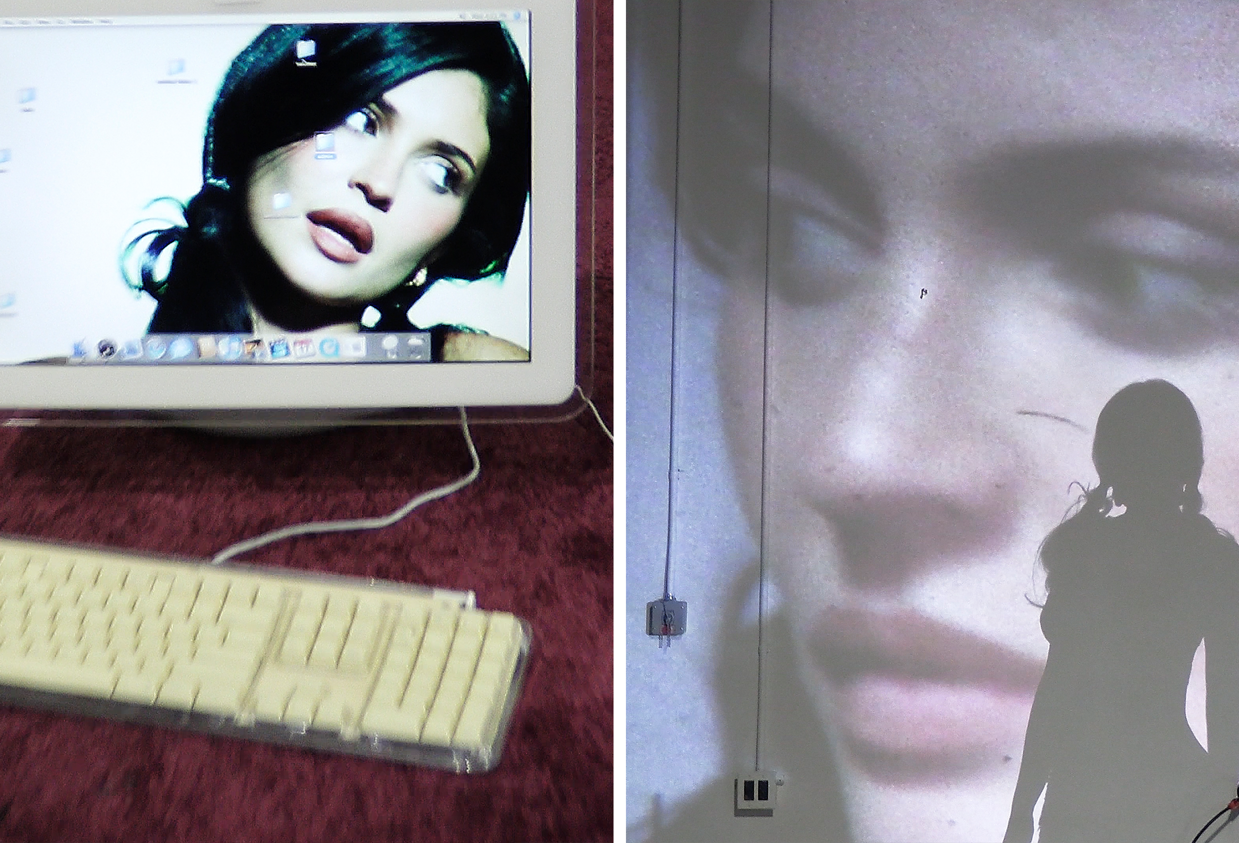 Left: A desktop Apple computer on a red carpet shows Kylie Jenner's face on the screen. Right: Kylie Jenner poses in front of a projected image of herself.