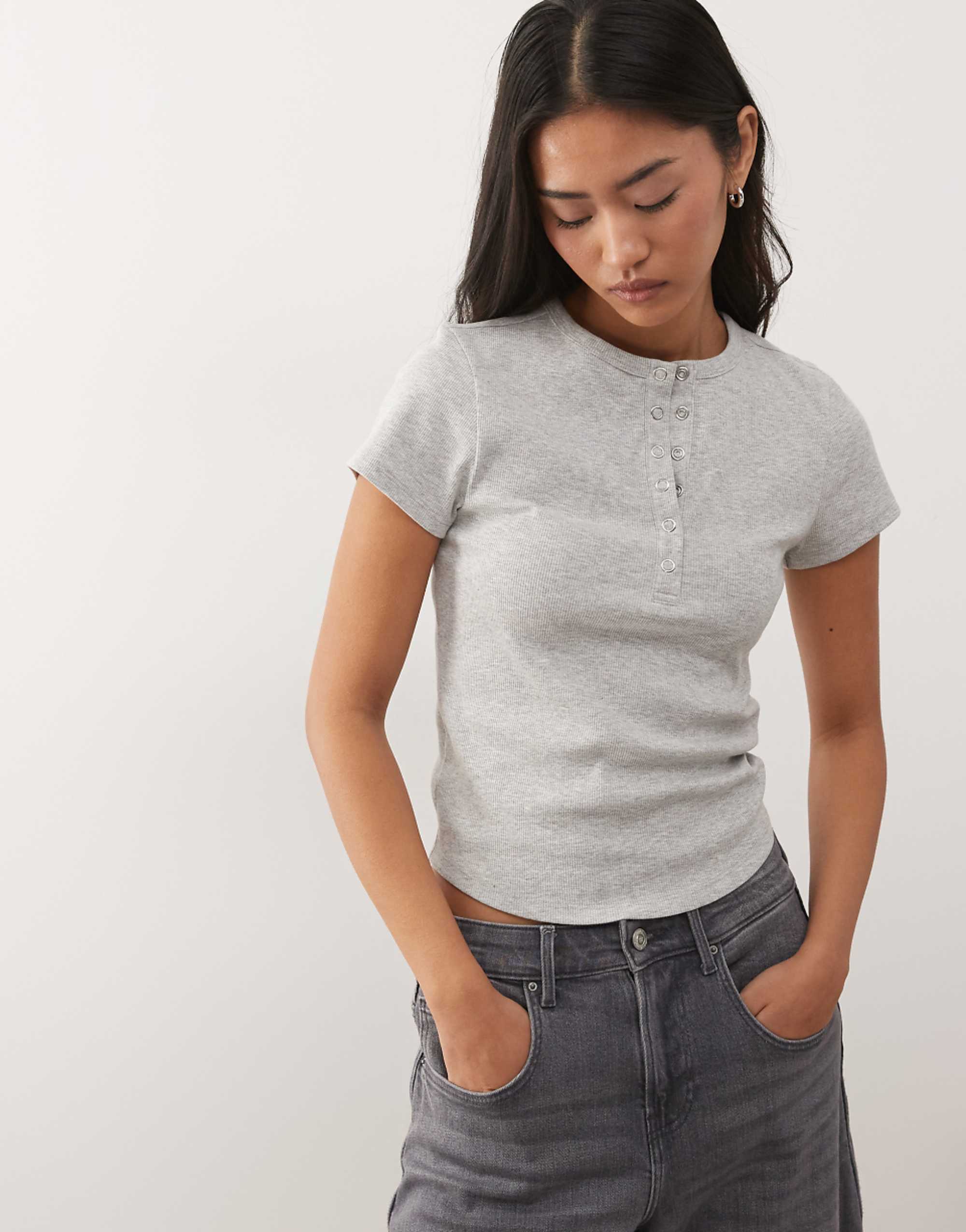 Collusion Short Sleeve Rib Henley Top in Grey Marl