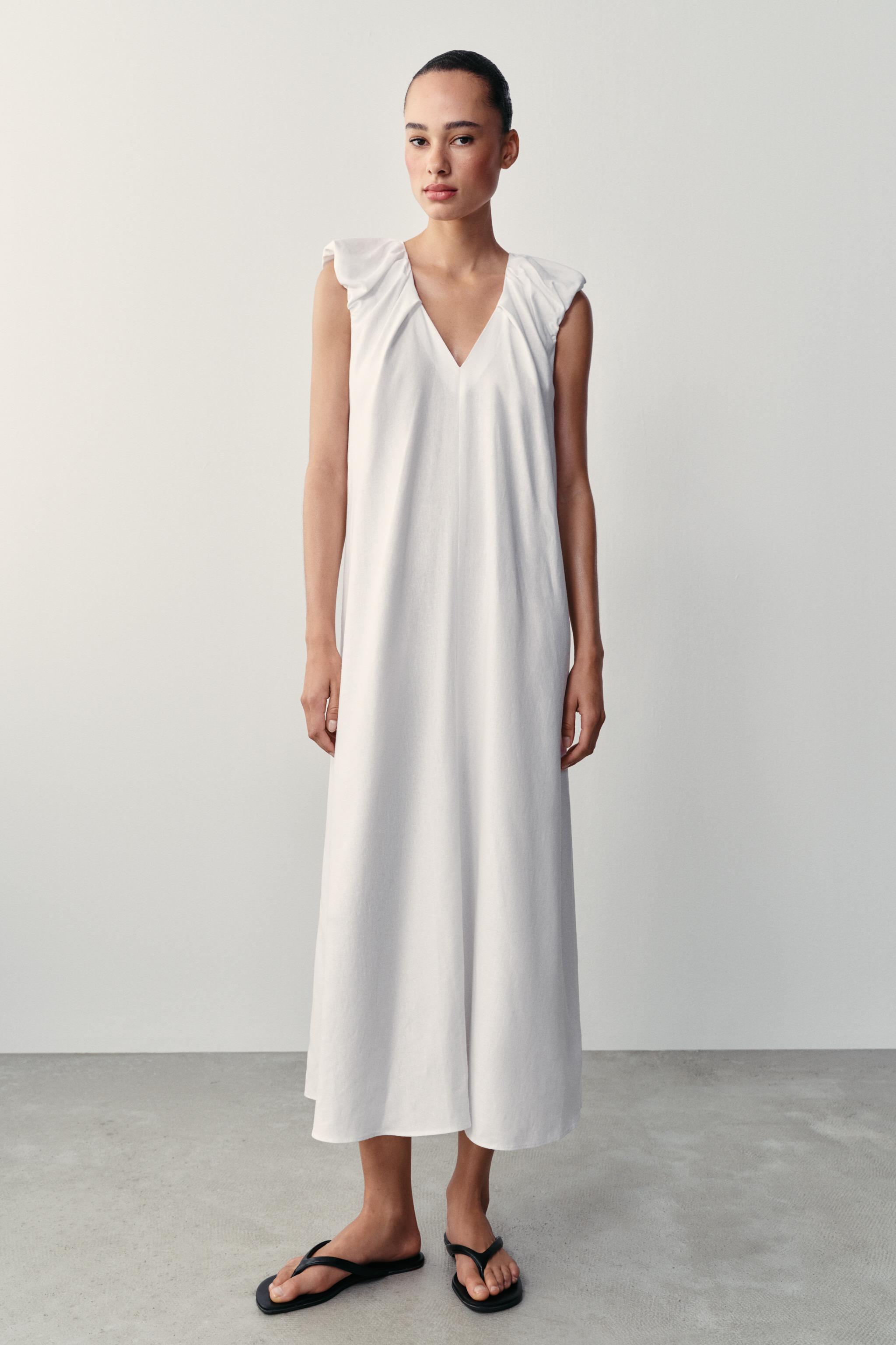 Linen Long Dress - White - Xs