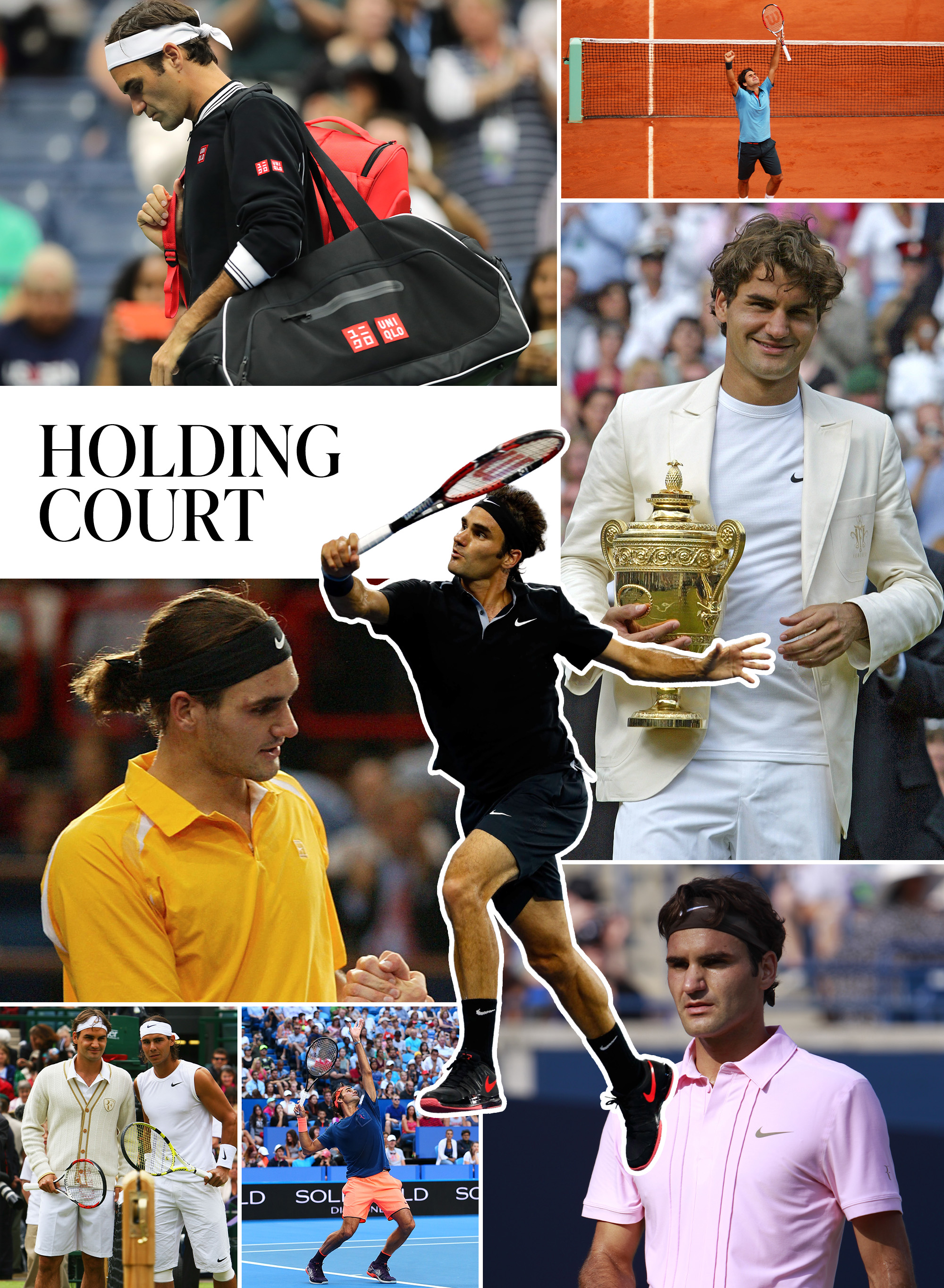 A collage of Roger Federer's best on-court outfits.