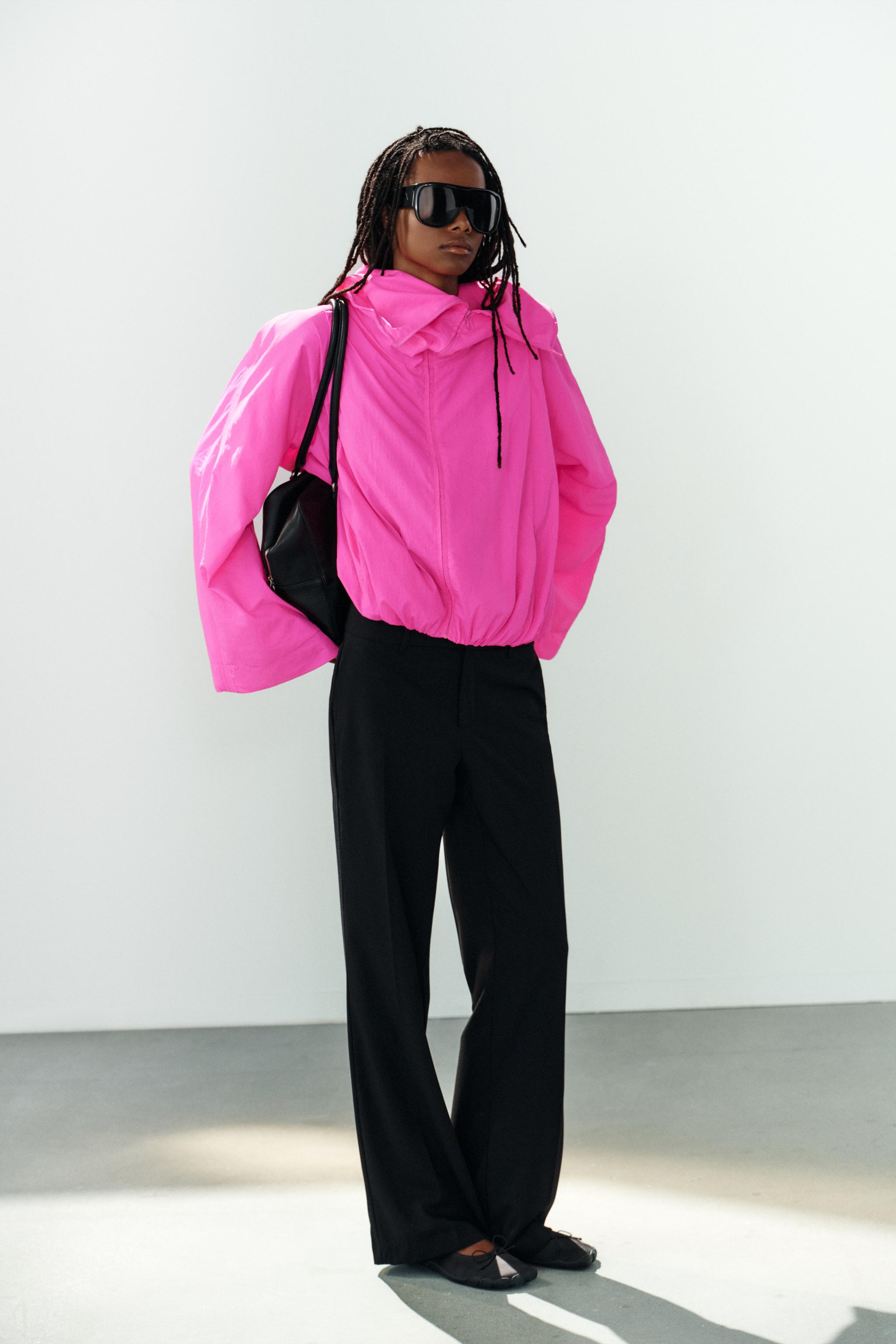 High-Neck Nylon Jacket - Neon Pink - Xs