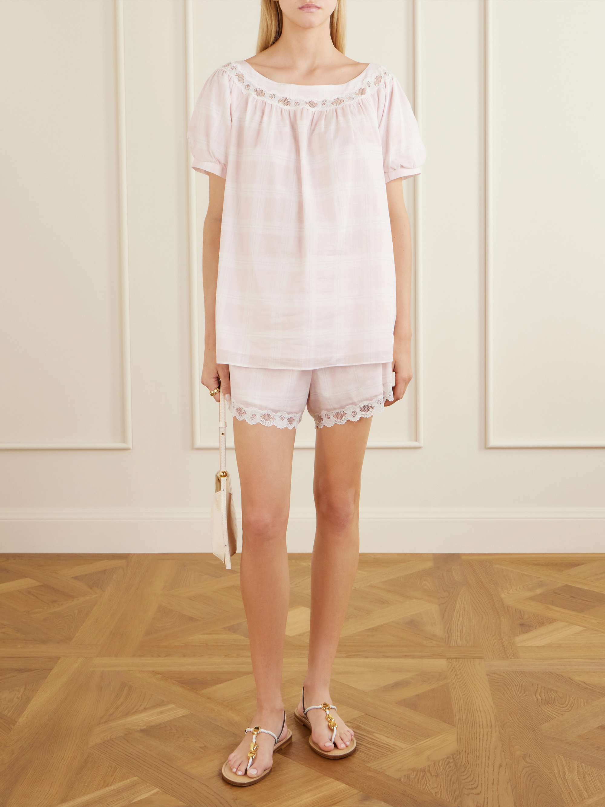 Marilyn Lace-Trimmed Checked Cotton Blouse