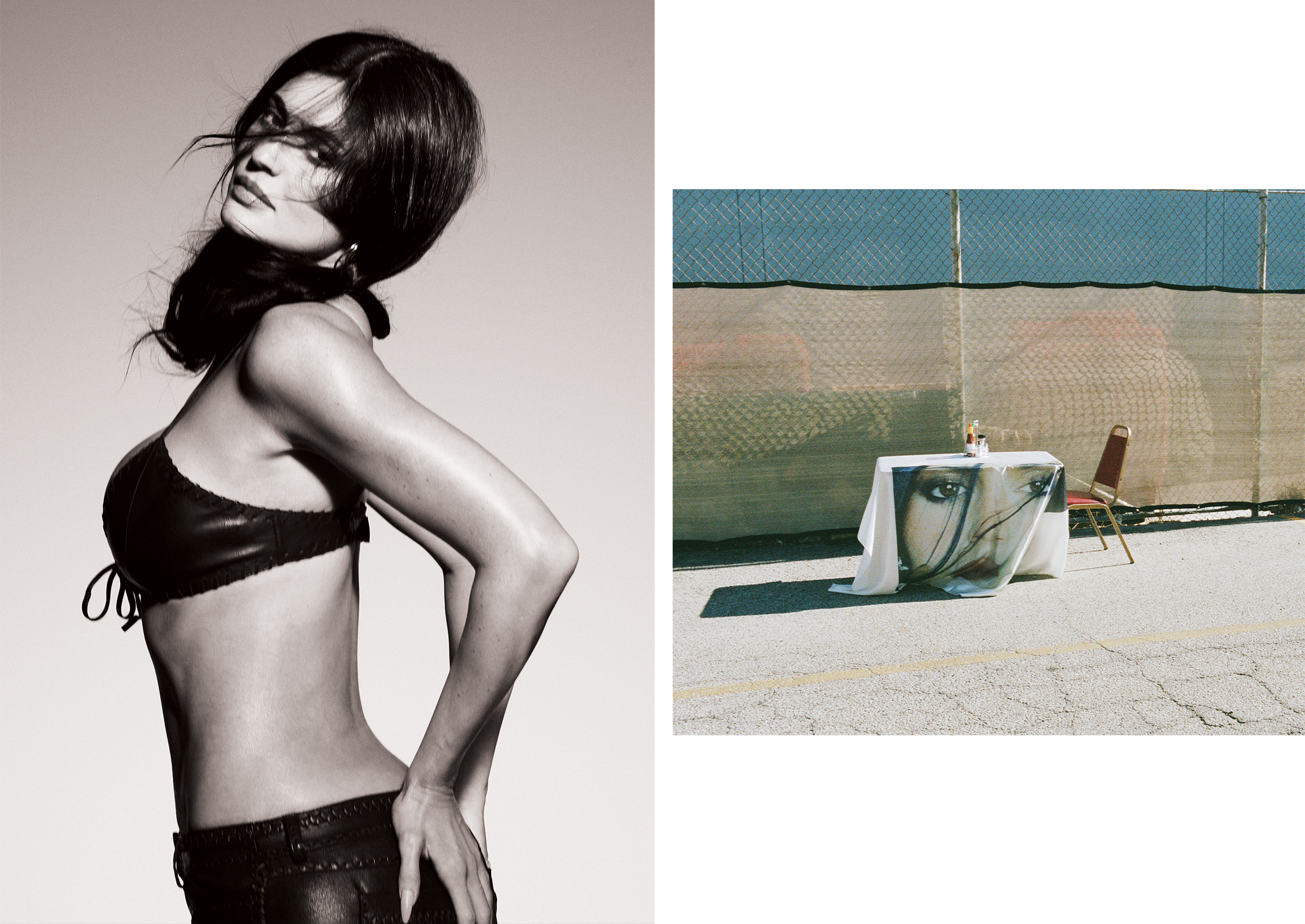 Left: Black and white portrait of Kylie Jenner wearing a Khy leather bra and pants. Right: A table and chair set up in front of a fence with a tablecloth featuring Kylie's face.