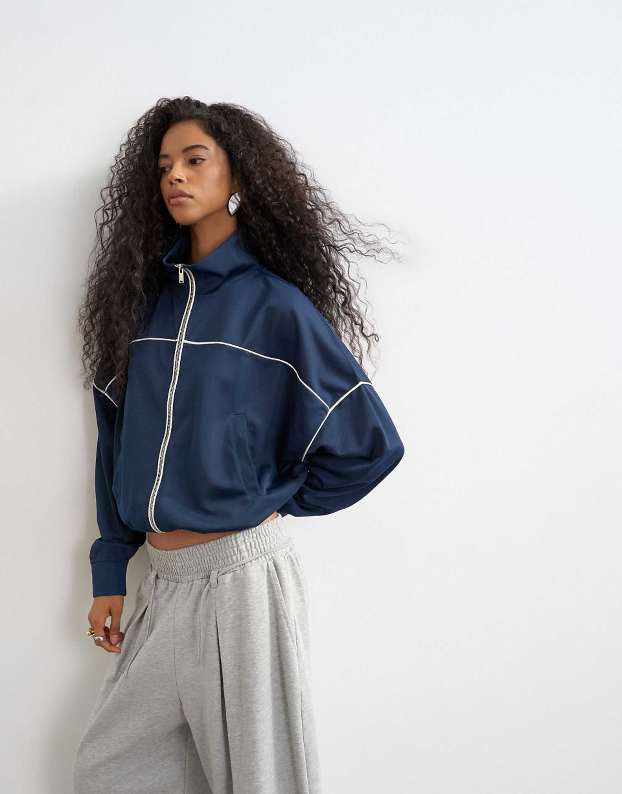 Topshop Sports High Neck Piped Jacket in Navy