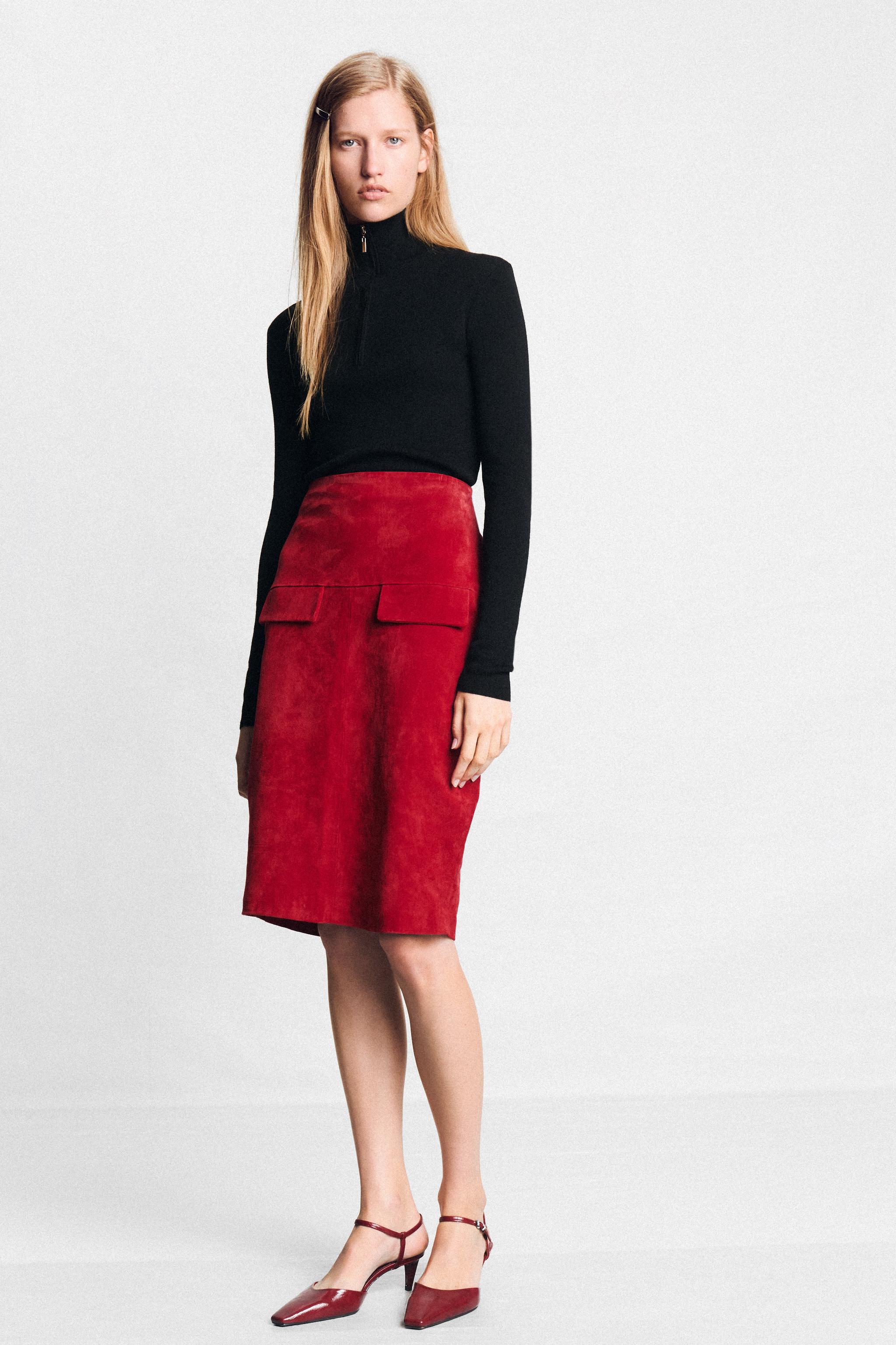 100% Leather Midi Skirt - Bright Red - Xs