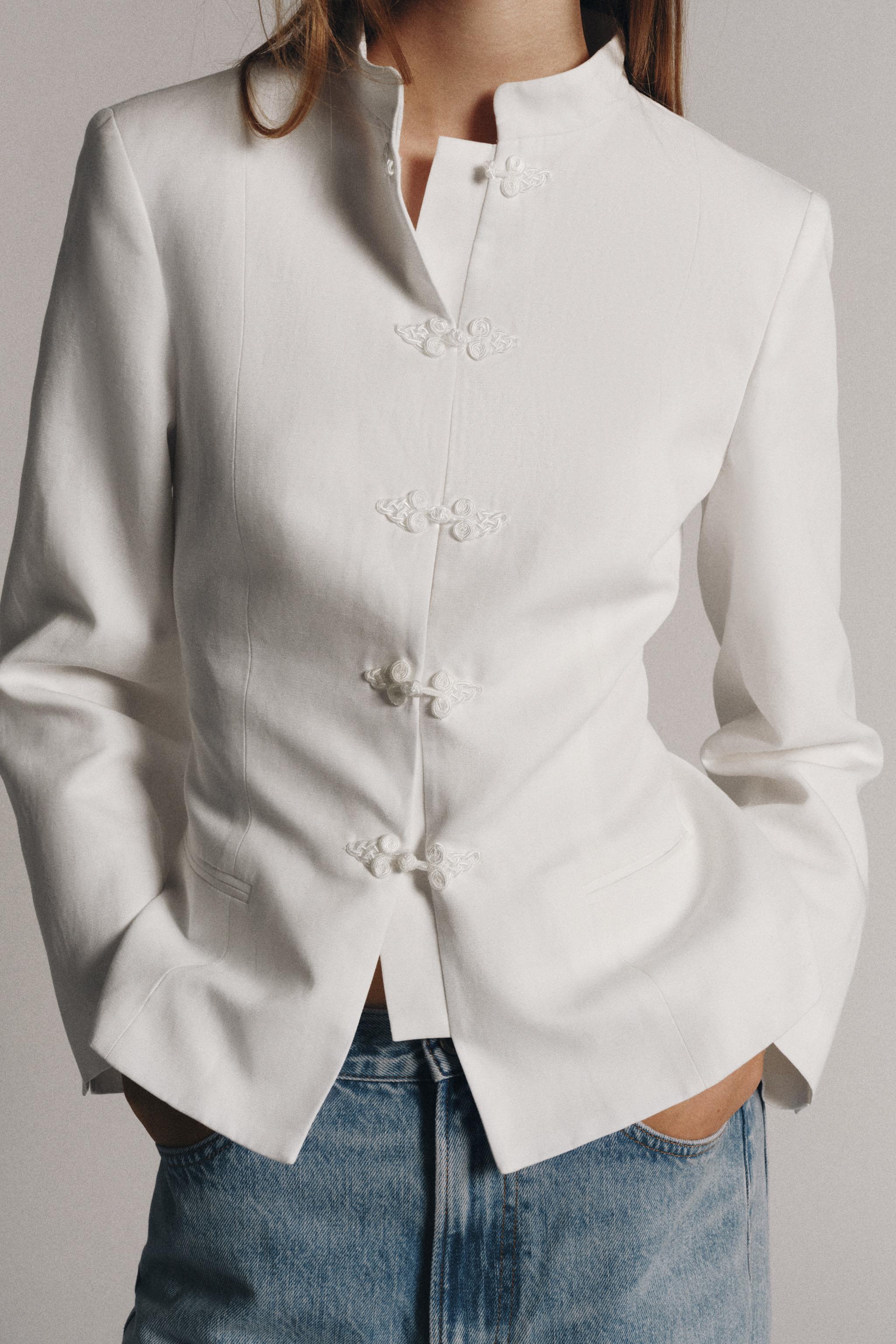 Zw Collection Peplum Blazer With Frog Fastening - Oyster-White - Xs