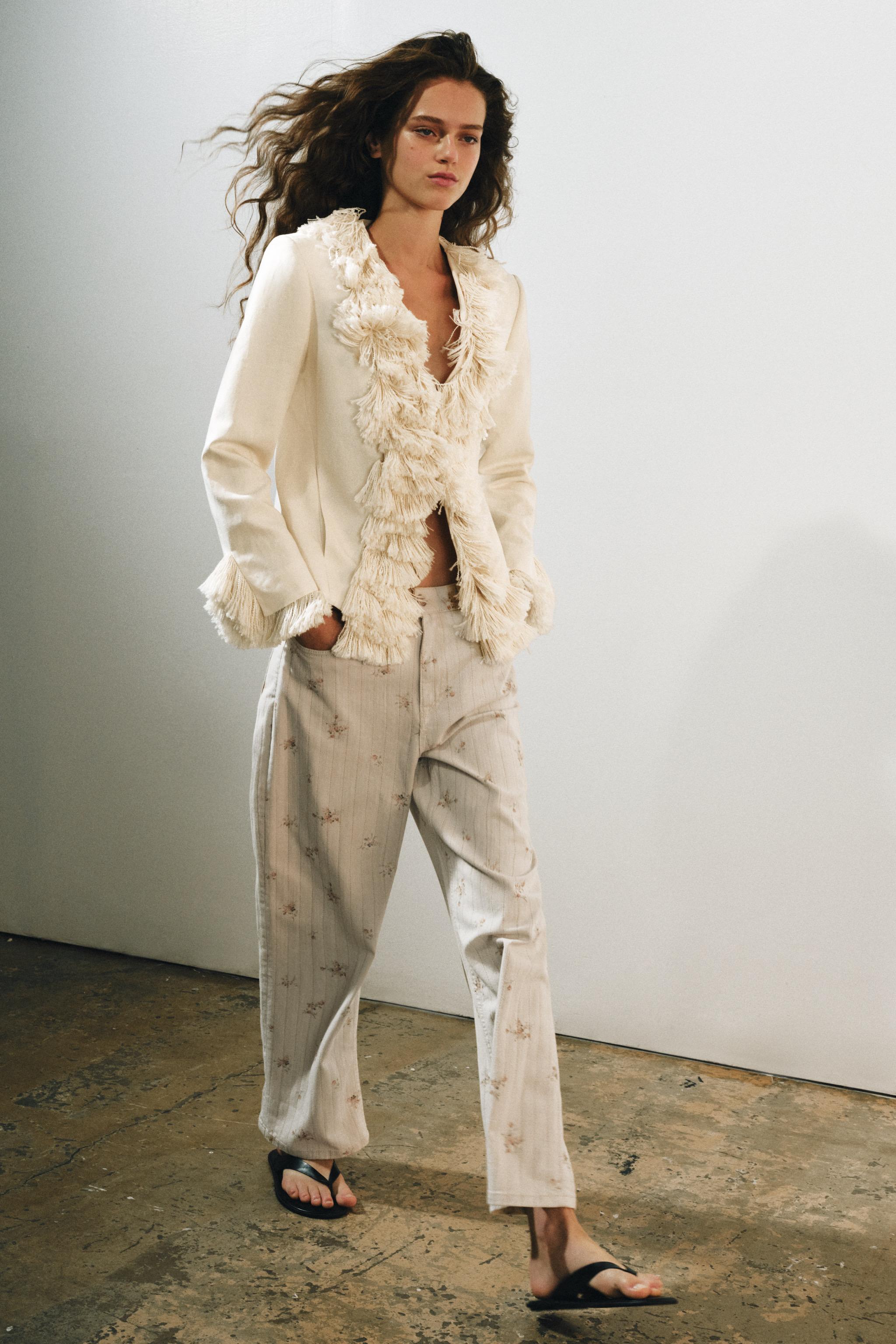 Zw Collection Linen Blend Fringed Jacket - Ecru - Xs