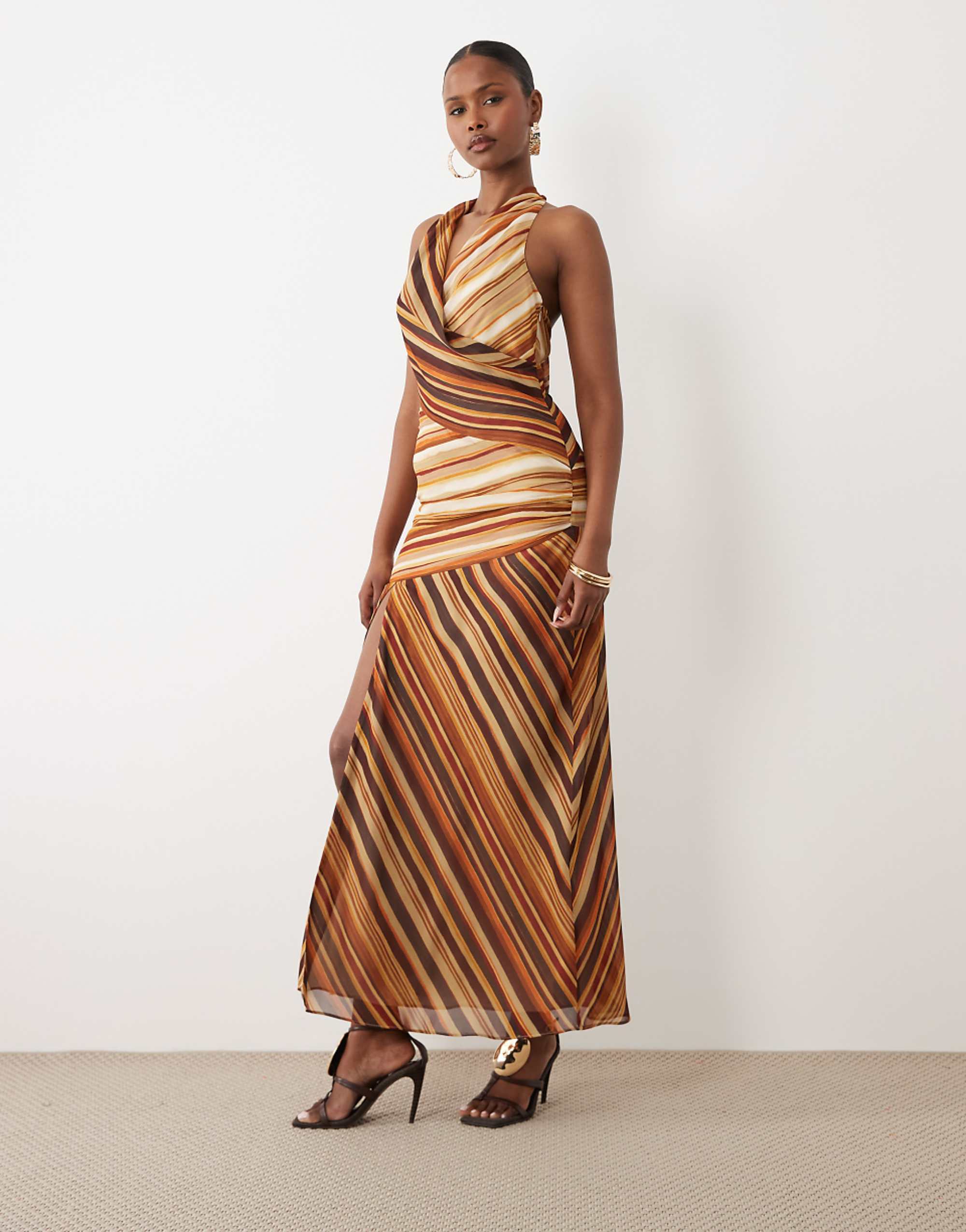 Forever New Chiffon Halter Neck Maxi Dress in Brown Stripe