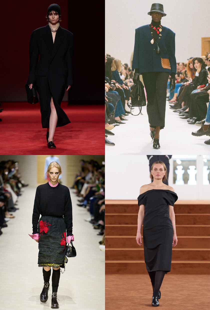 An image of the black Oxford trend, a key autumn 2026 shoe trend, as seen on the runway at Bottega Veneta, Celine, Prada and Jil Sander.