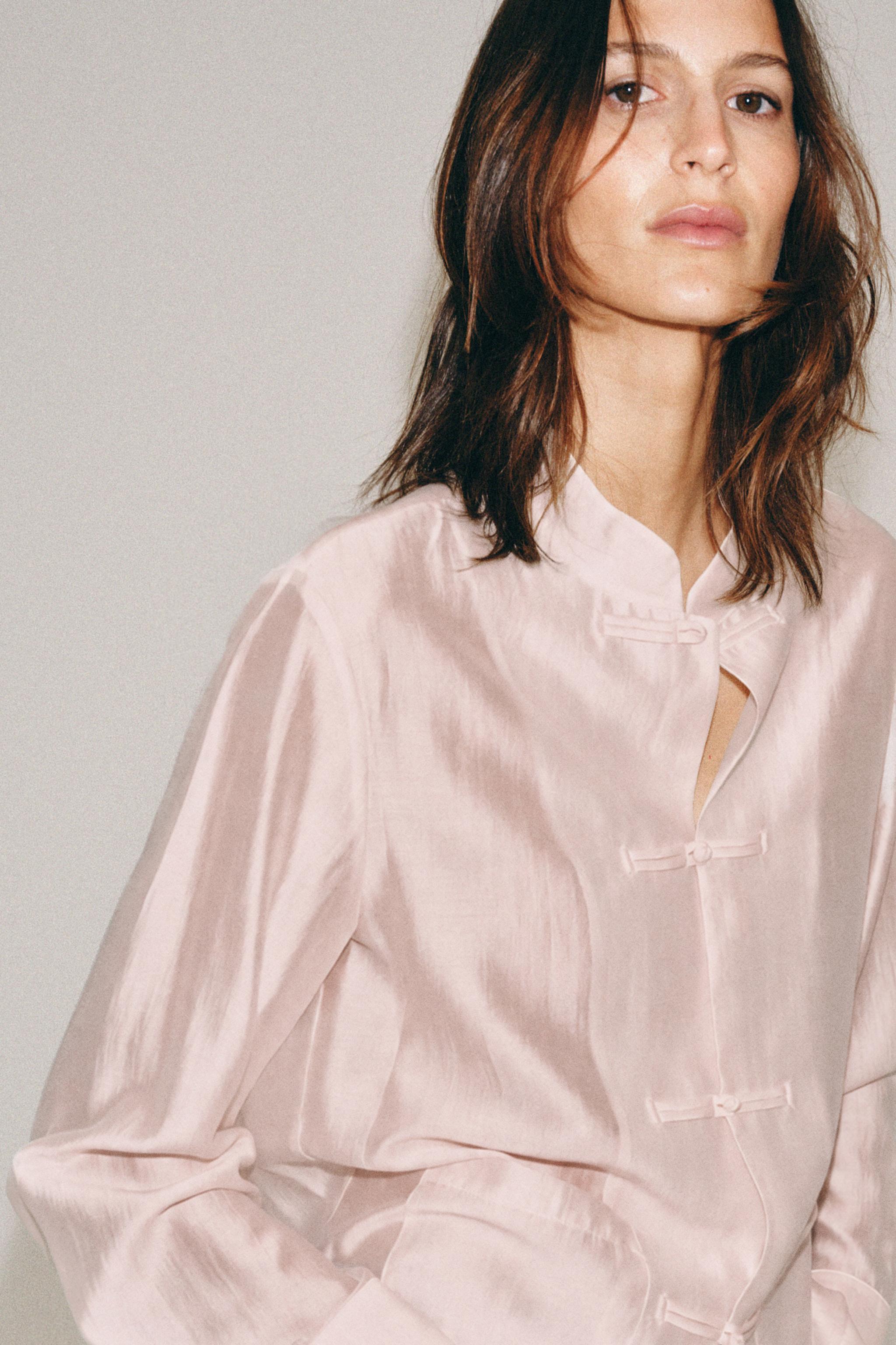 Zw Collection Satin Shirt With Frog Fastening - Pastel Pink - Xs