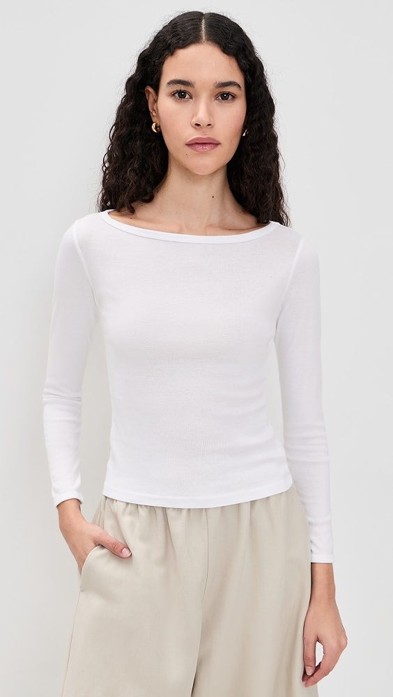 Fine Cotton Boat Neck Long Sleeve Top - White