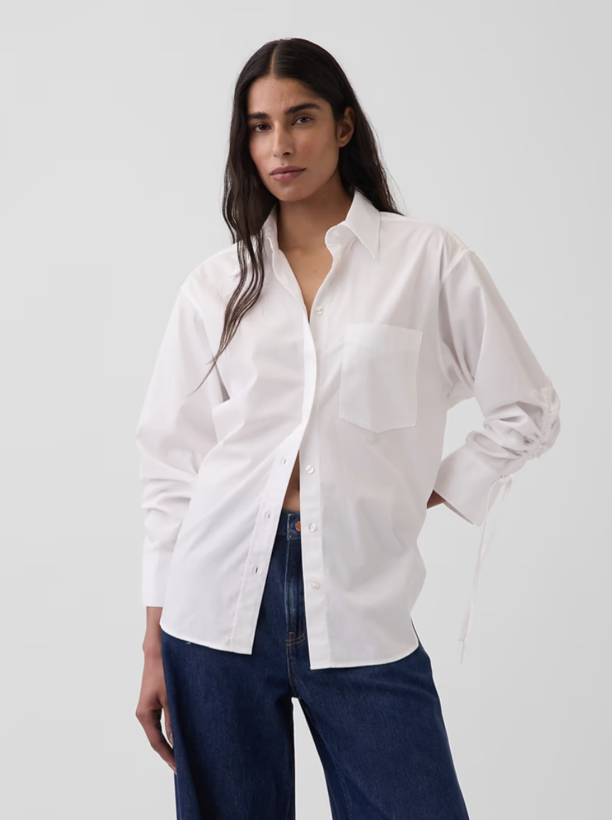 Gap, Organic Cotton Poplin Oversized Ruched-Sleeve Shirt