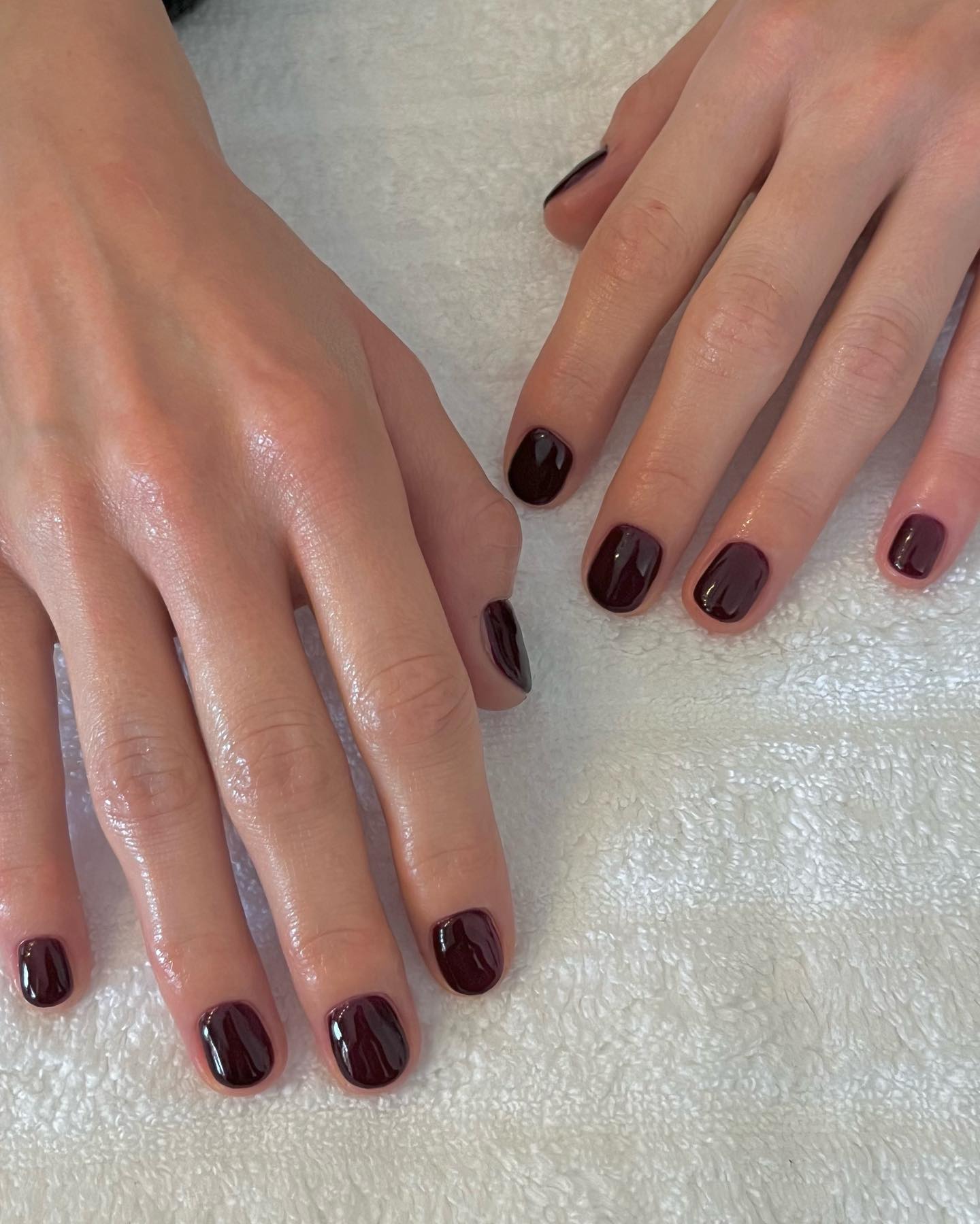 Short nails with a blackberry polish.