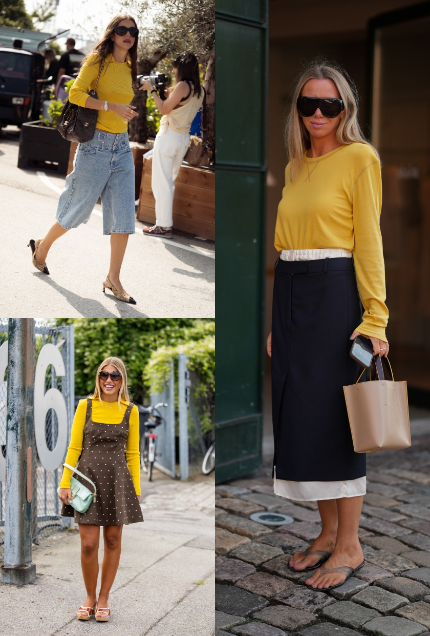 A collage of the mustard yellow fashion trend spotted at Copenhagen Fashion Week August 2026.