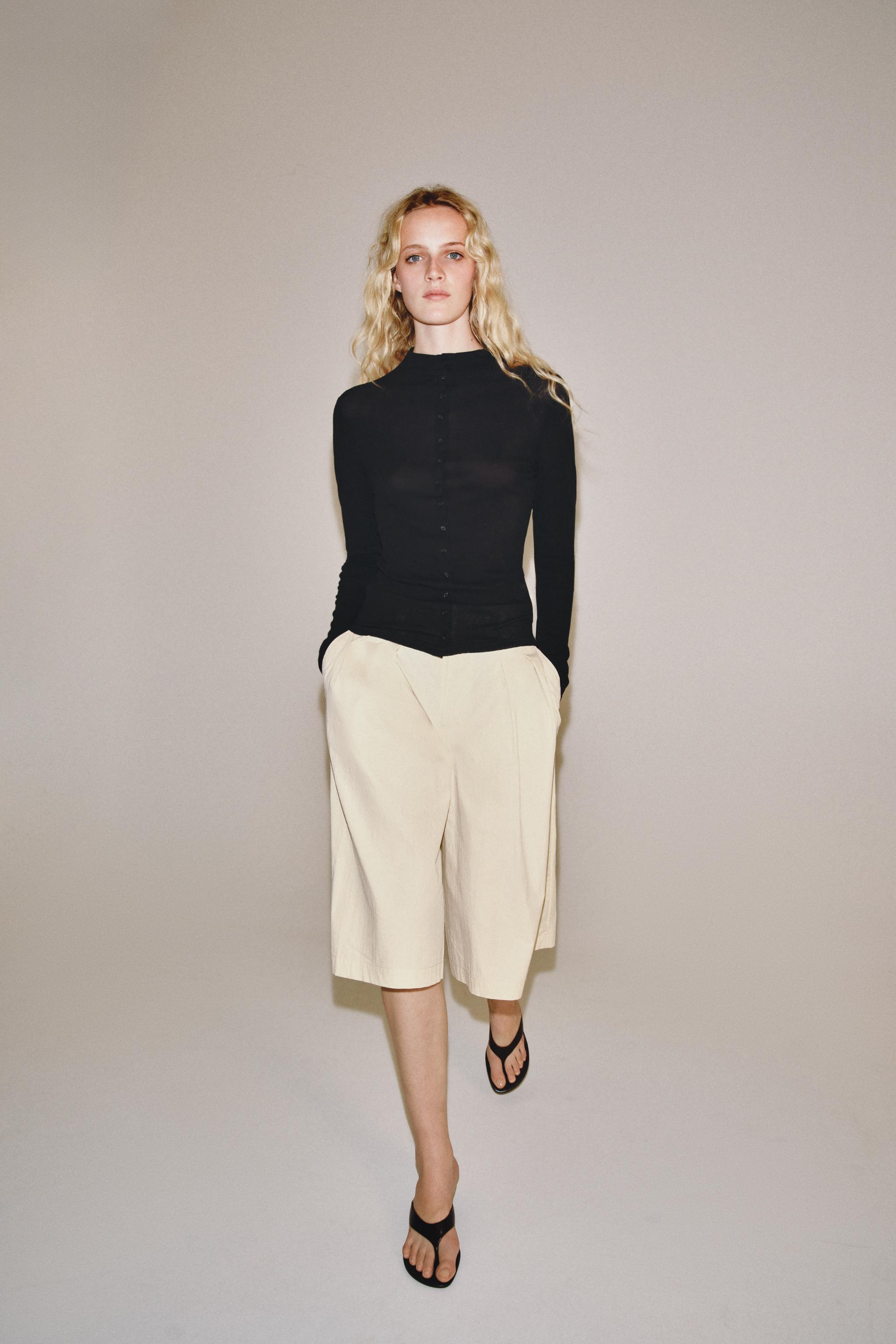 Buttoned High Neck Top - Black - S
