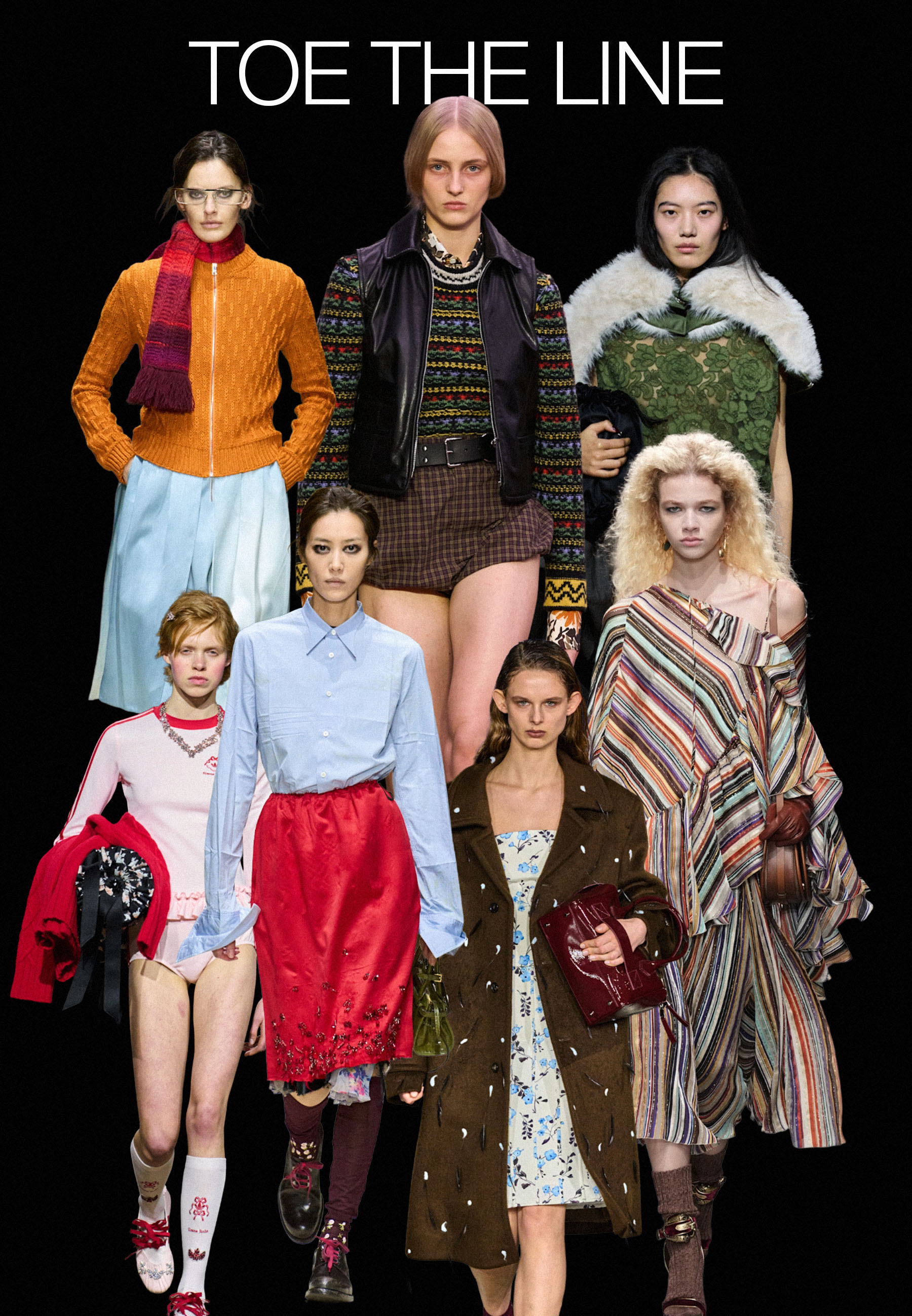 Collage of models on the autumn/winter 2026 runways at Prada, Etro, Marni, Miu Miu, Mithridate, Simone Rocha wearing statement sock trend.