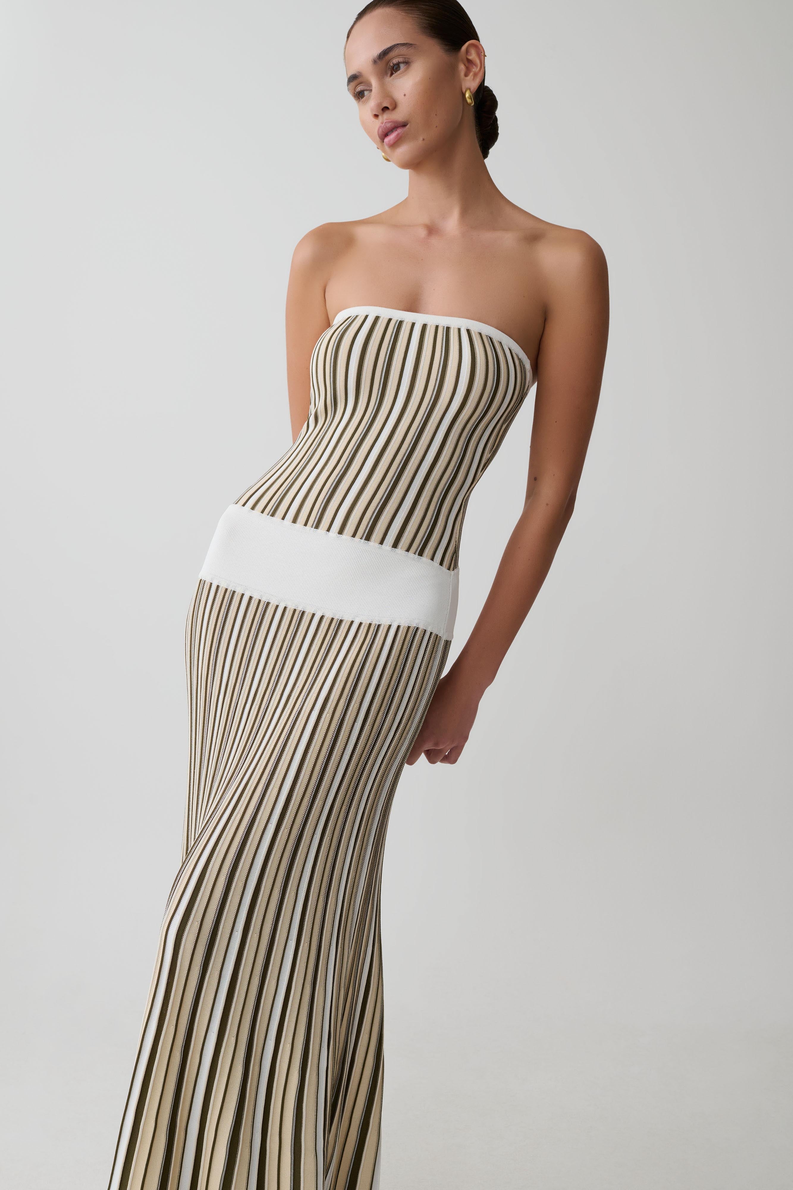 Joyce Stripe Maxi Knit Dress - Khaki/ivory