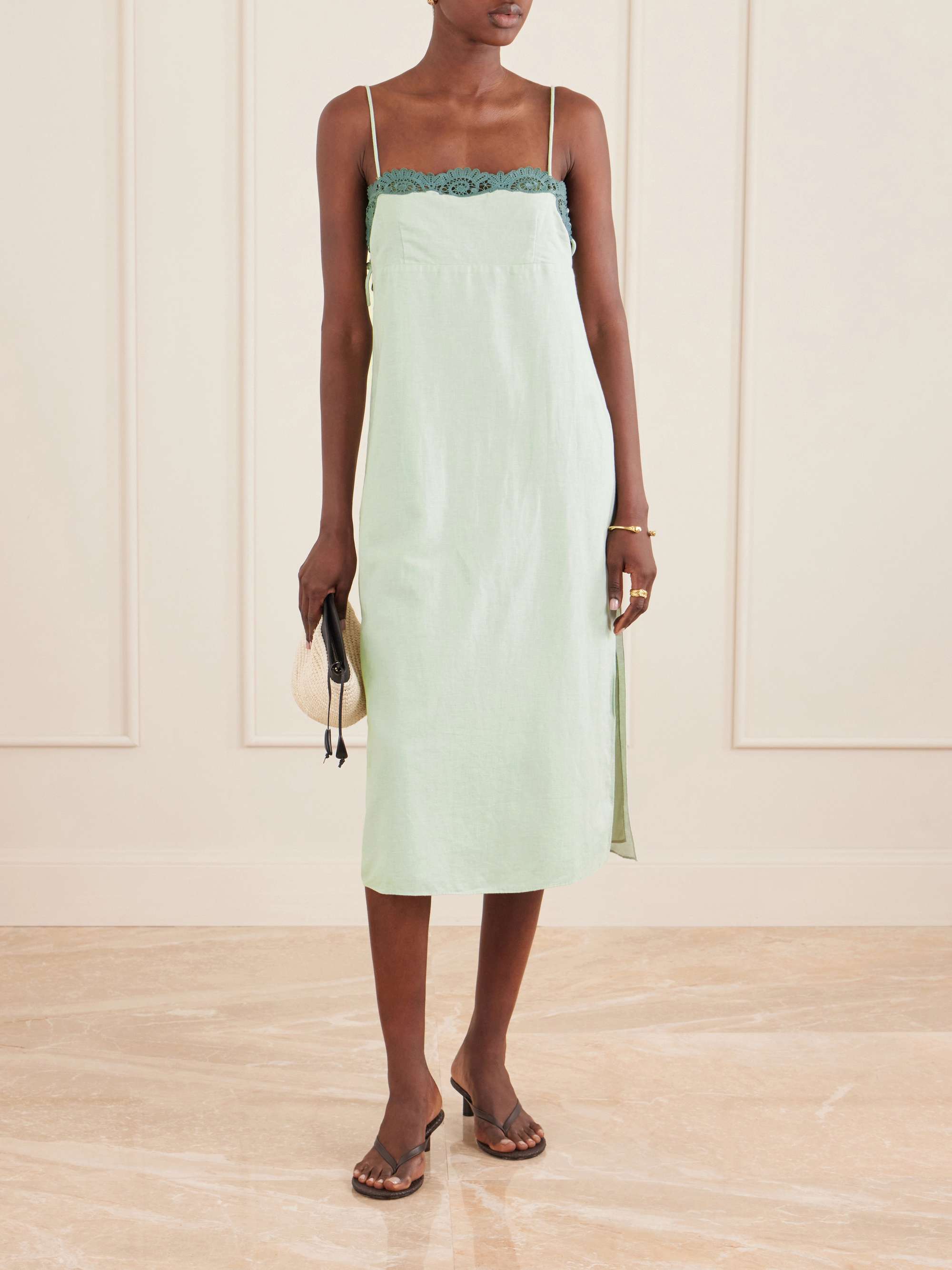 Darya Lace-Trimmed Linen and Cotton-Blend Midi Dress