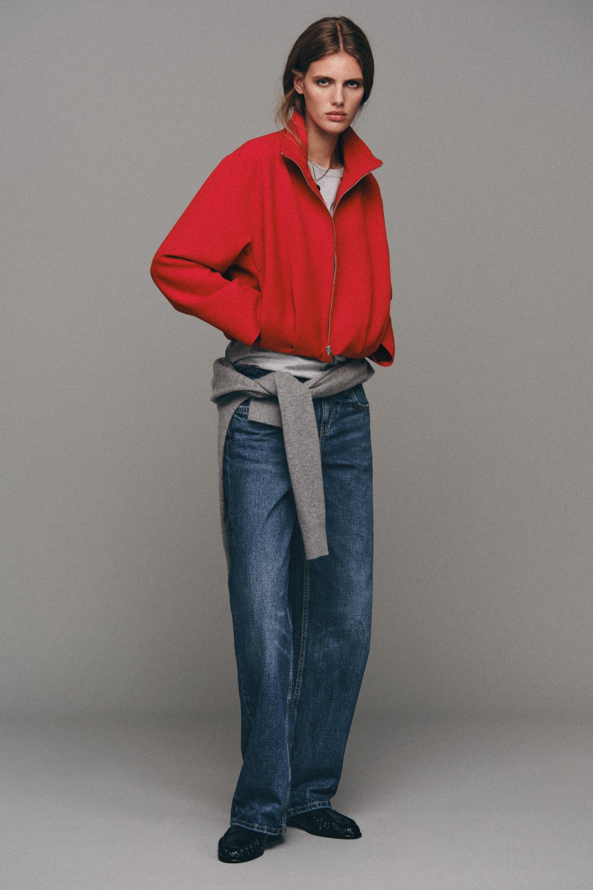 High Collar Bomber Jacket - Red - Xs