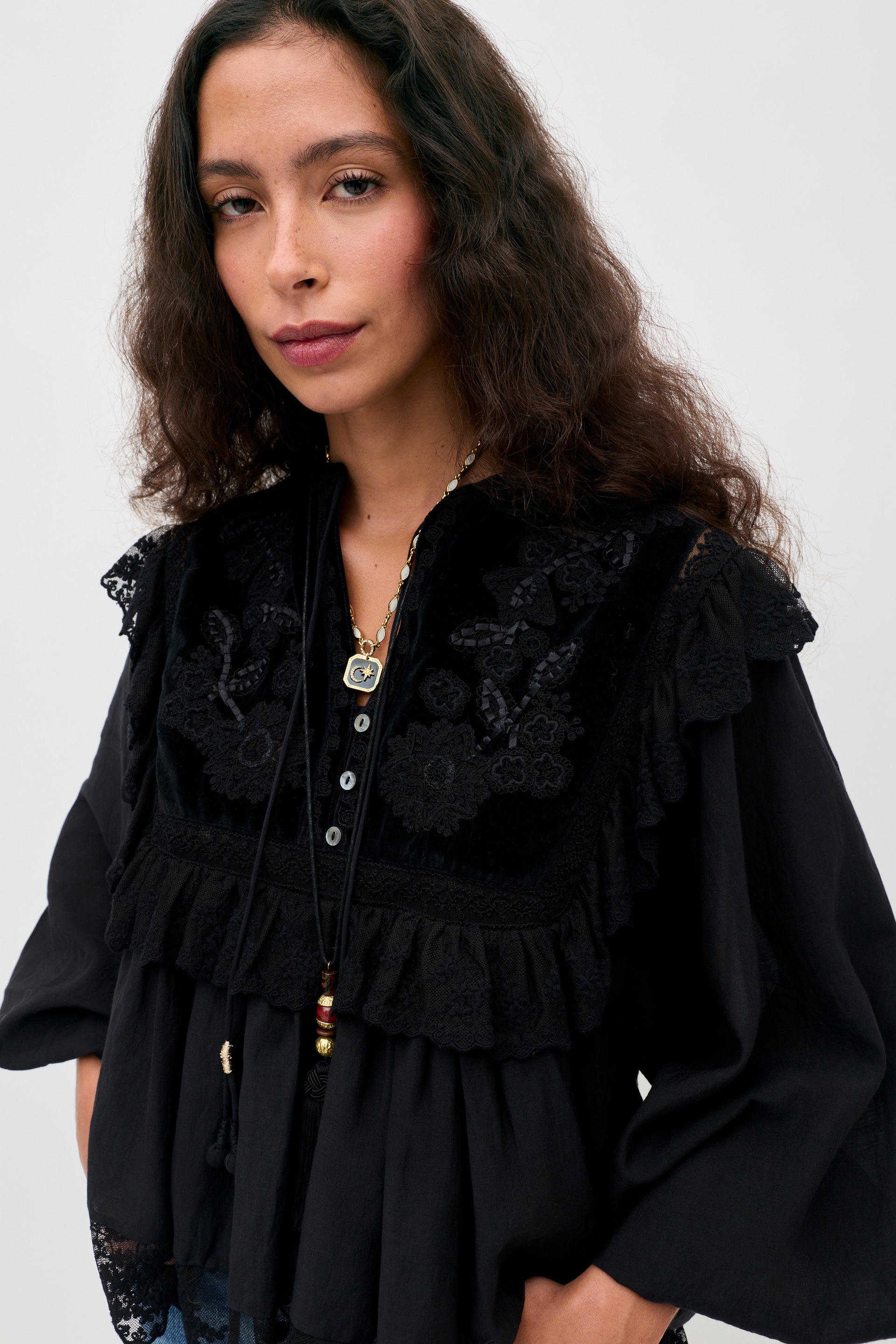 Diann Embroidered Cotton Blouse in Lilly Embroidery Black