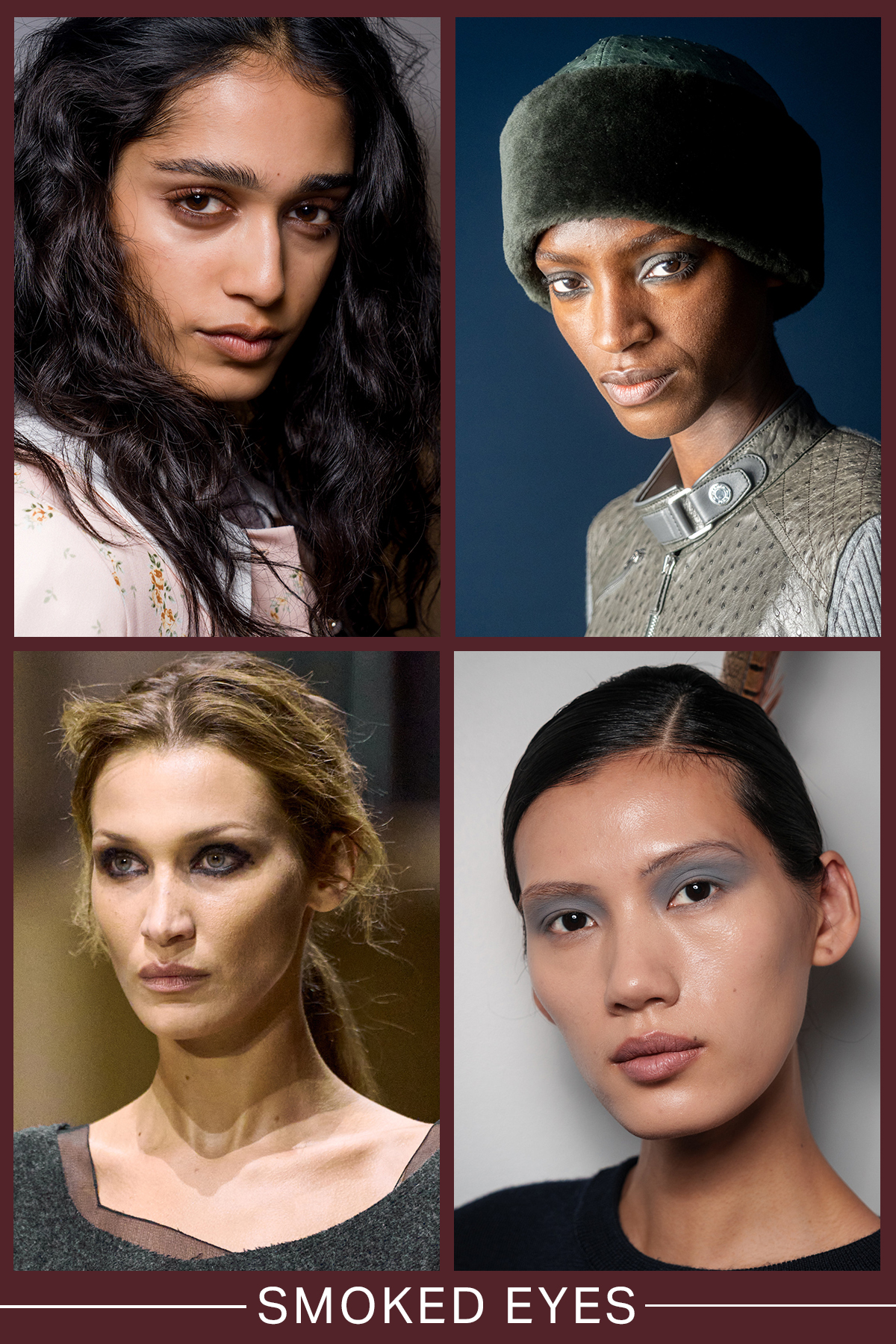 A collage of smoked eye looks from the AW26 runways