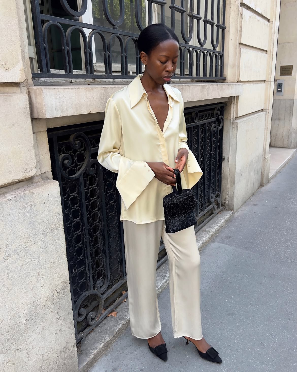 @sylviemus_ wears silk trousers silk shirt