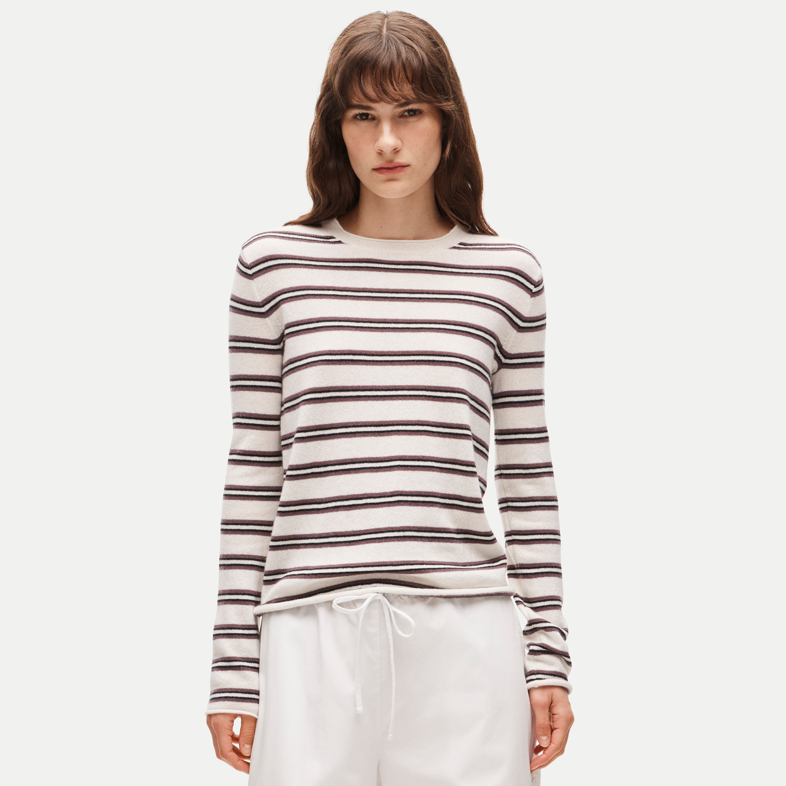 Rolled Cashmere Long-Sleeve Sweater in Stripe