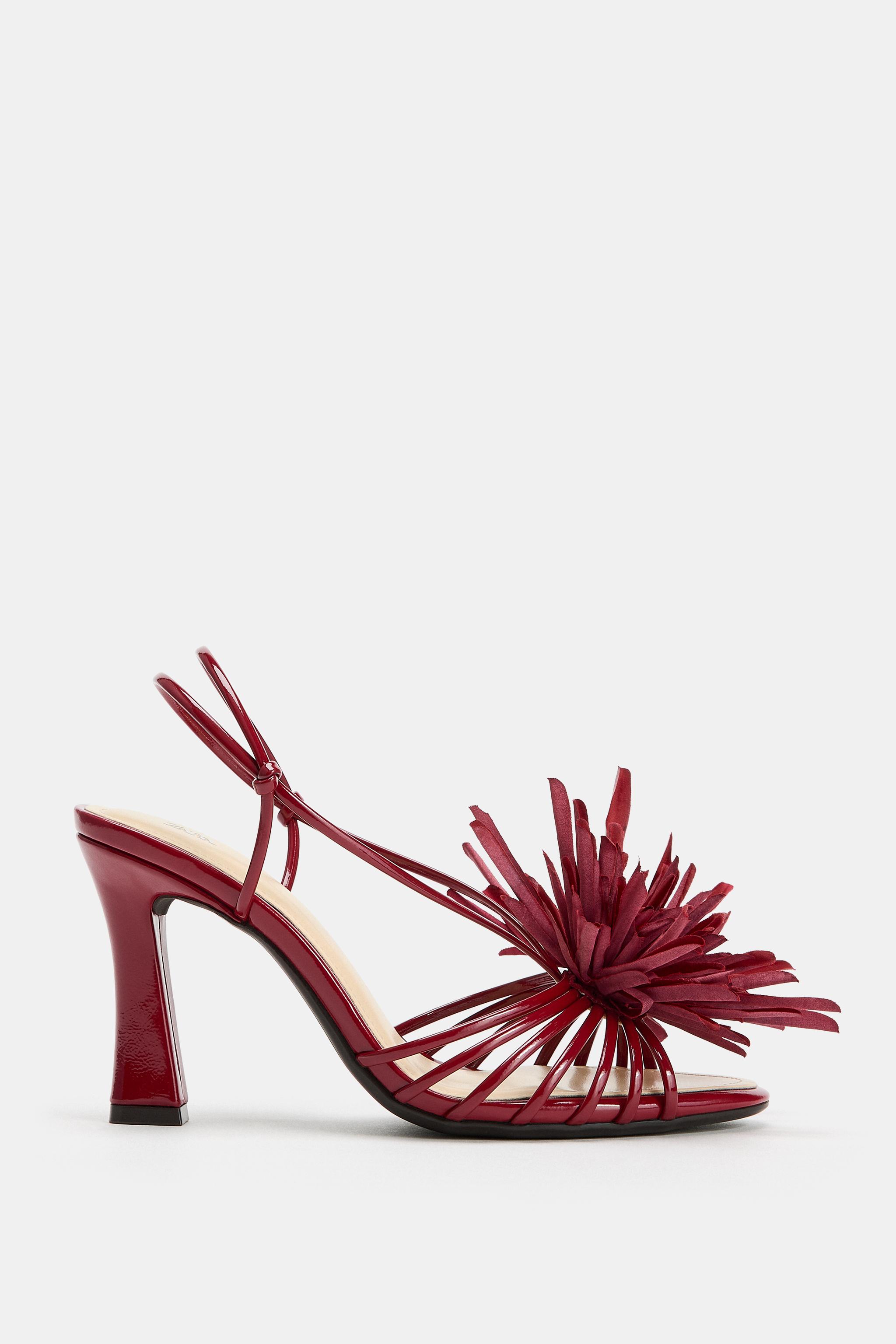 Flower Heel Sandals - Burgundy Red - 2