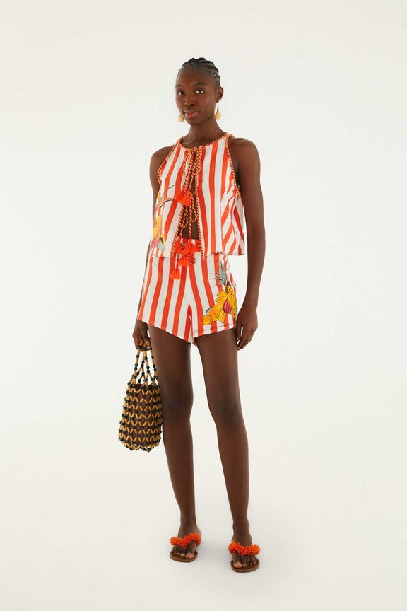 FARM RIO , Red Fruit Stripes Embroidered Rope Ties Shorts