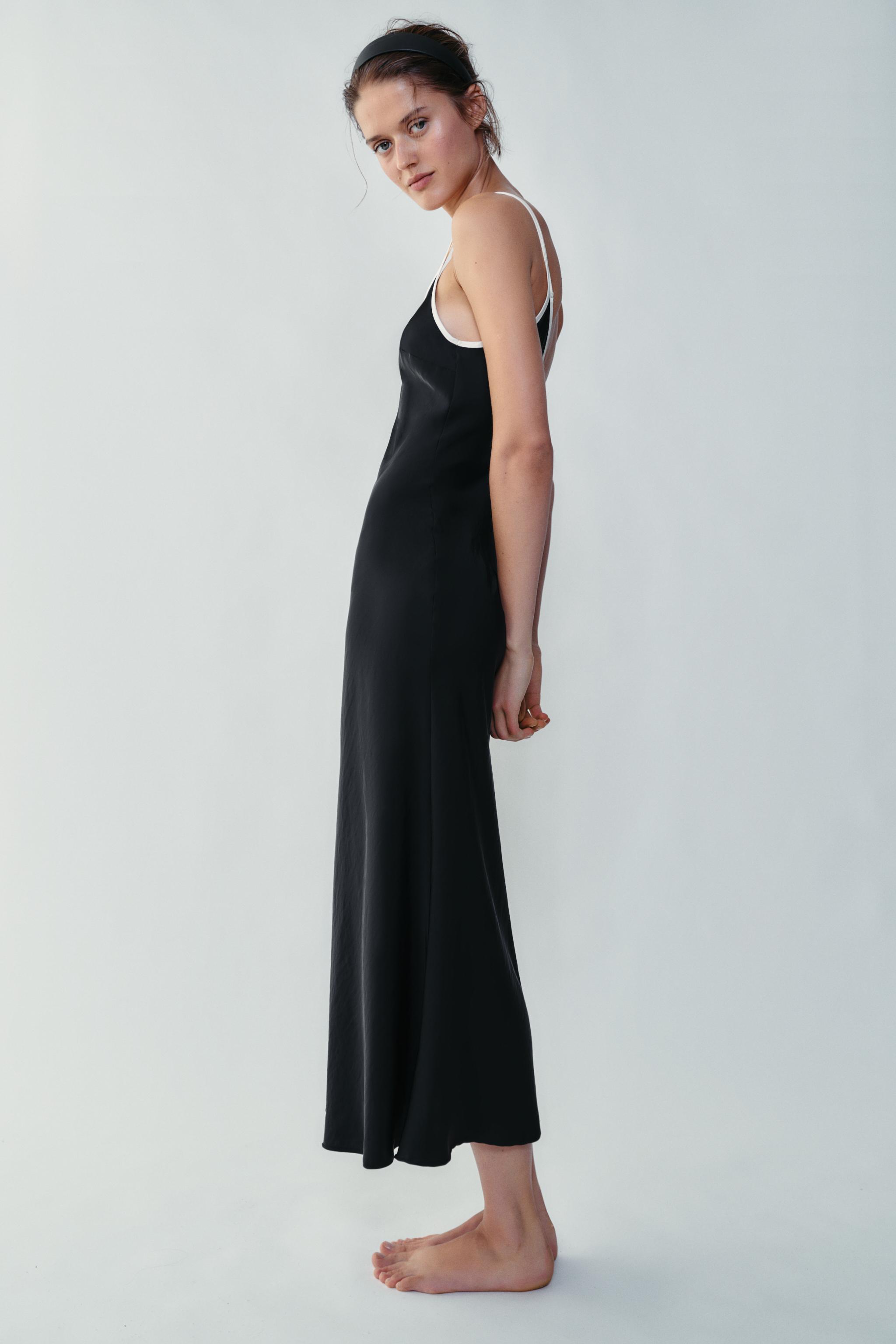 Contrast Satin Midi Dress - Black - Xs