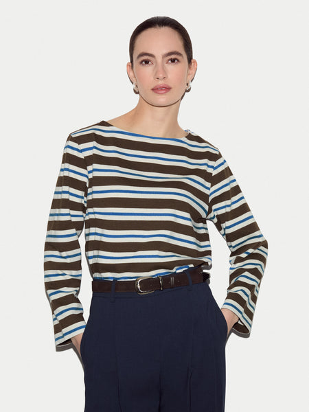 High Neck Stripe Long Sleeve Top | Brown