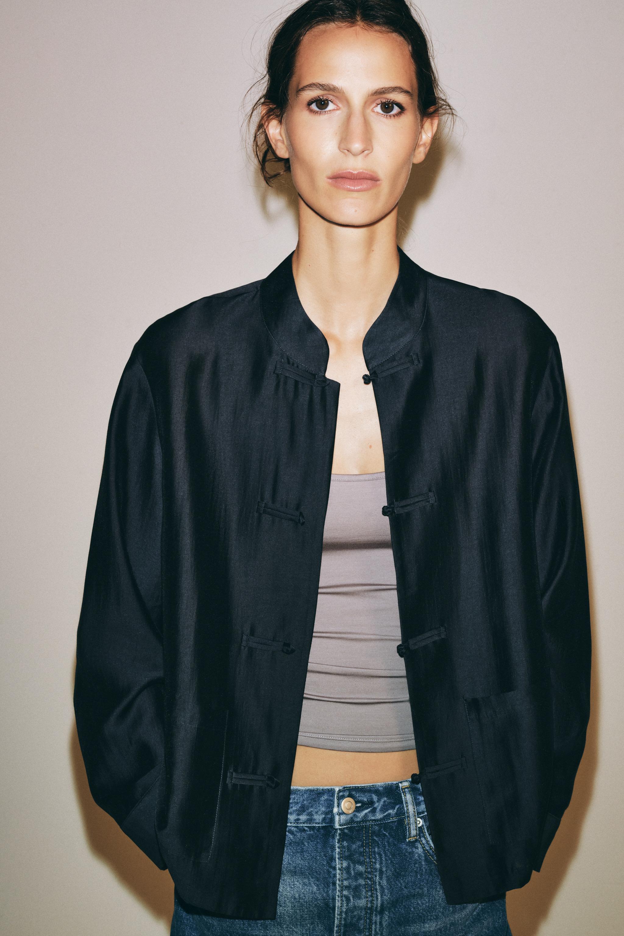 Zw Collection Satin Shirt With Frog Fastening - Navy Blue - Xs
