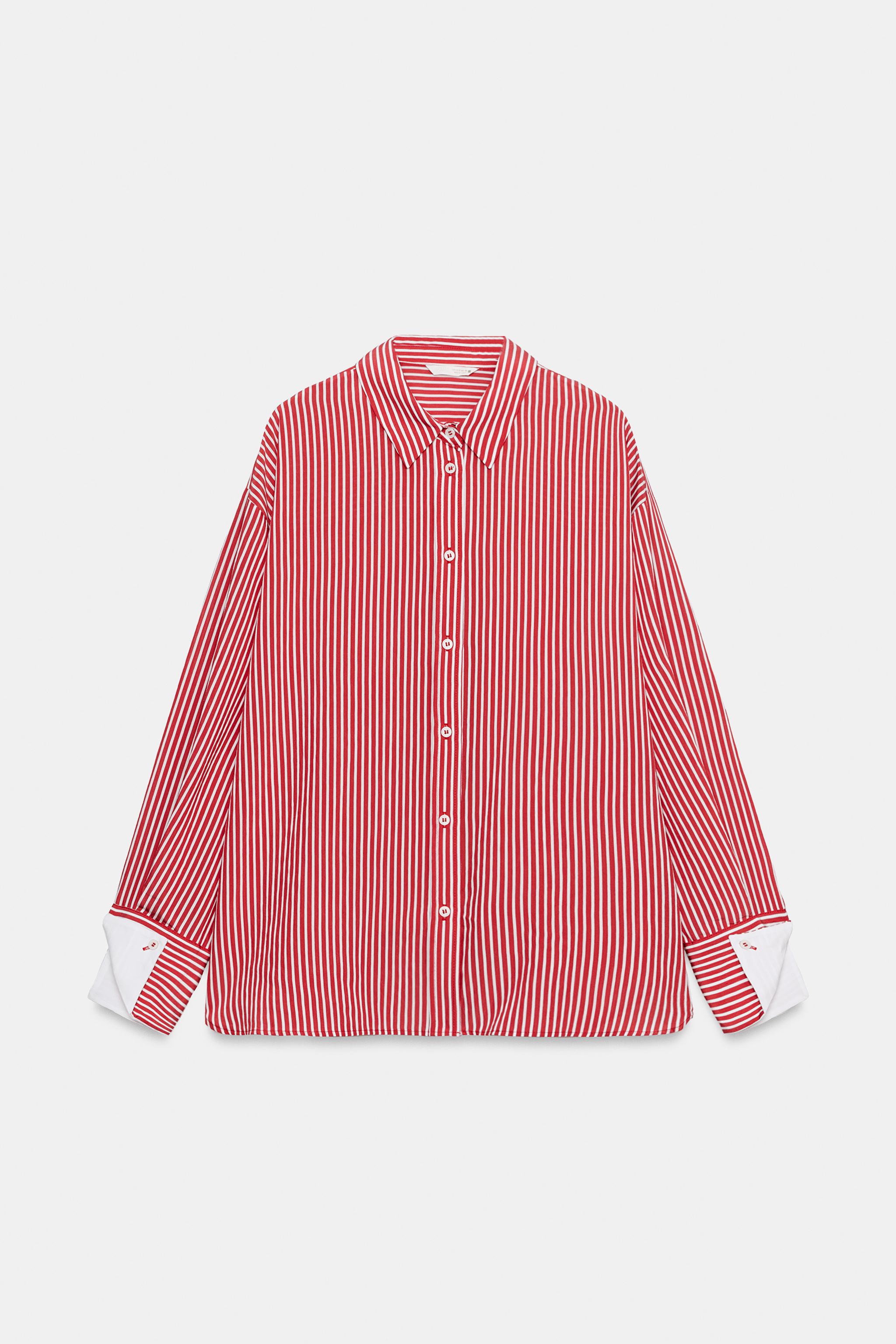 Contrast Cuff Striped Shirt - Red / White - Xs