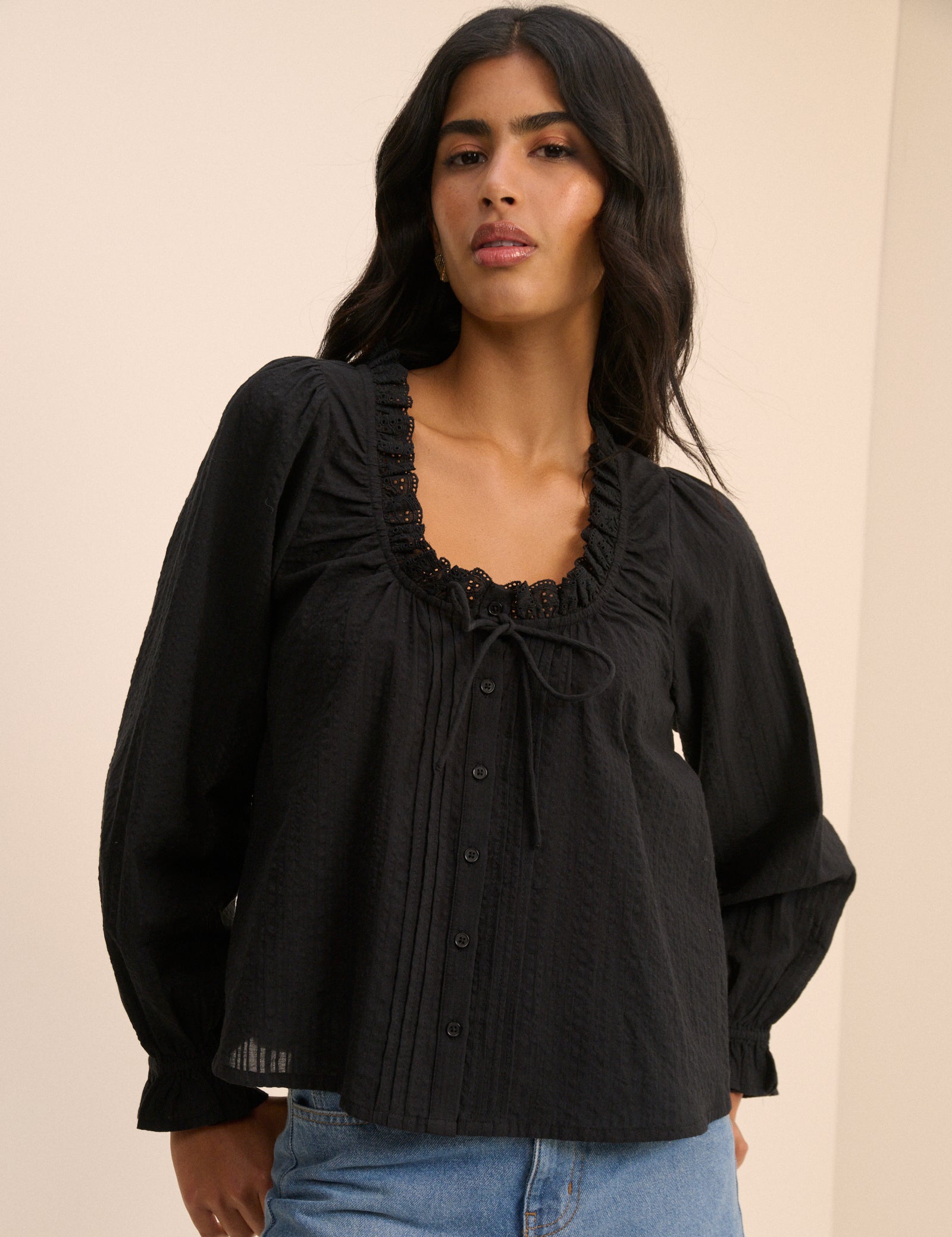 Black Broderie Anglaise Trim Lumi Blouse