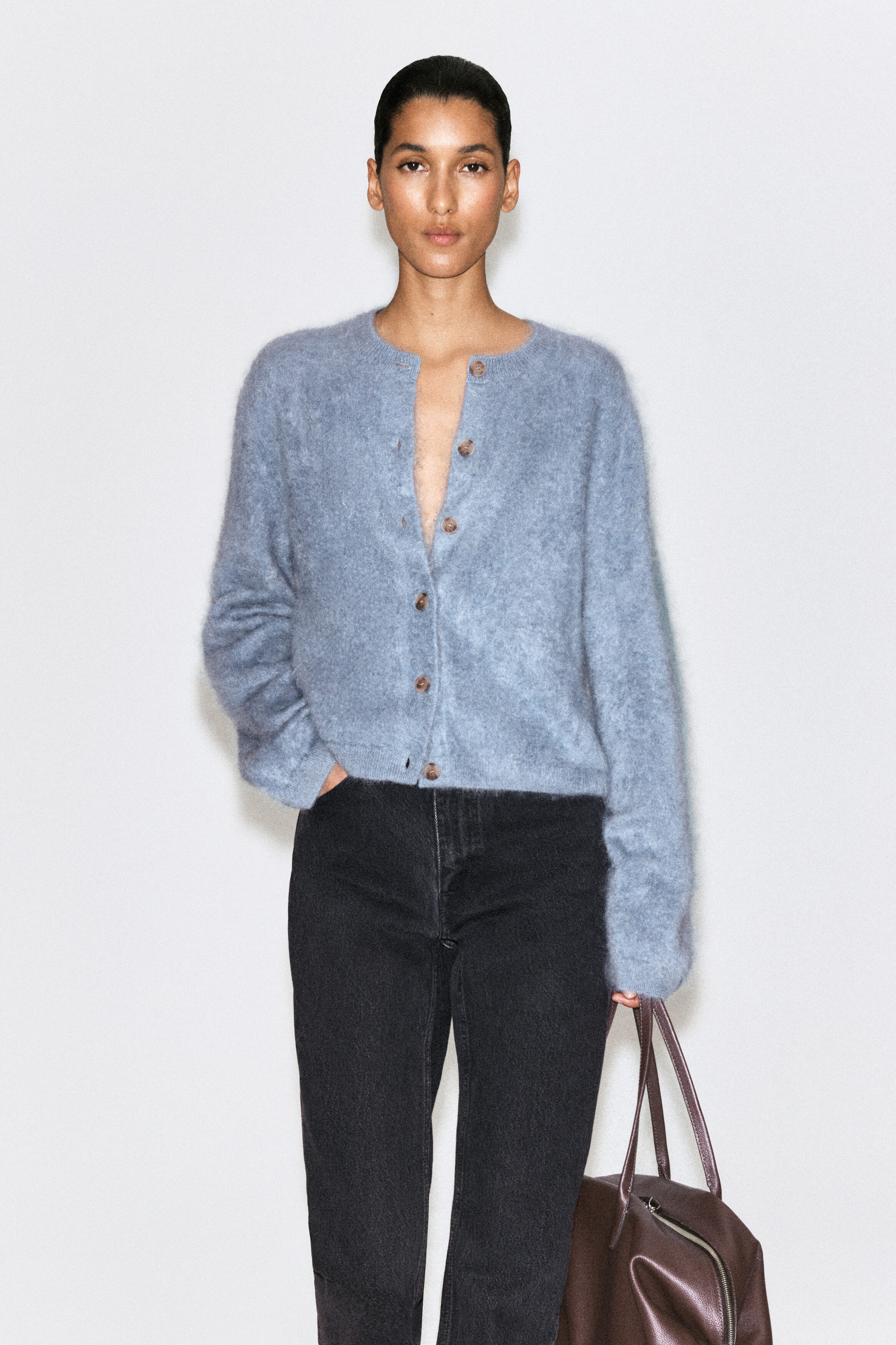 Brushed-Cashmere Crew-Neck Cardigan