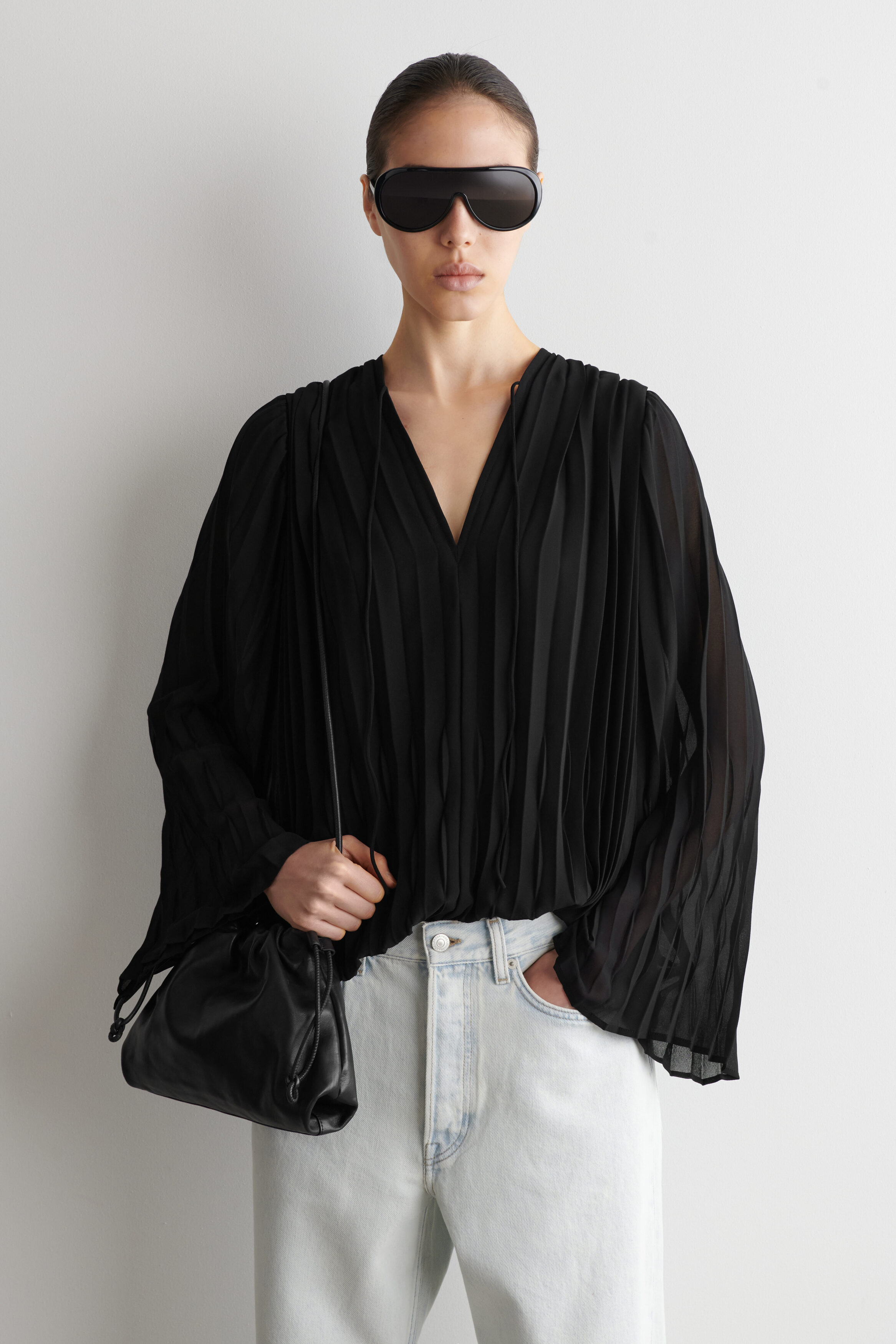 Tie-Front Pleated Georgette Blouse